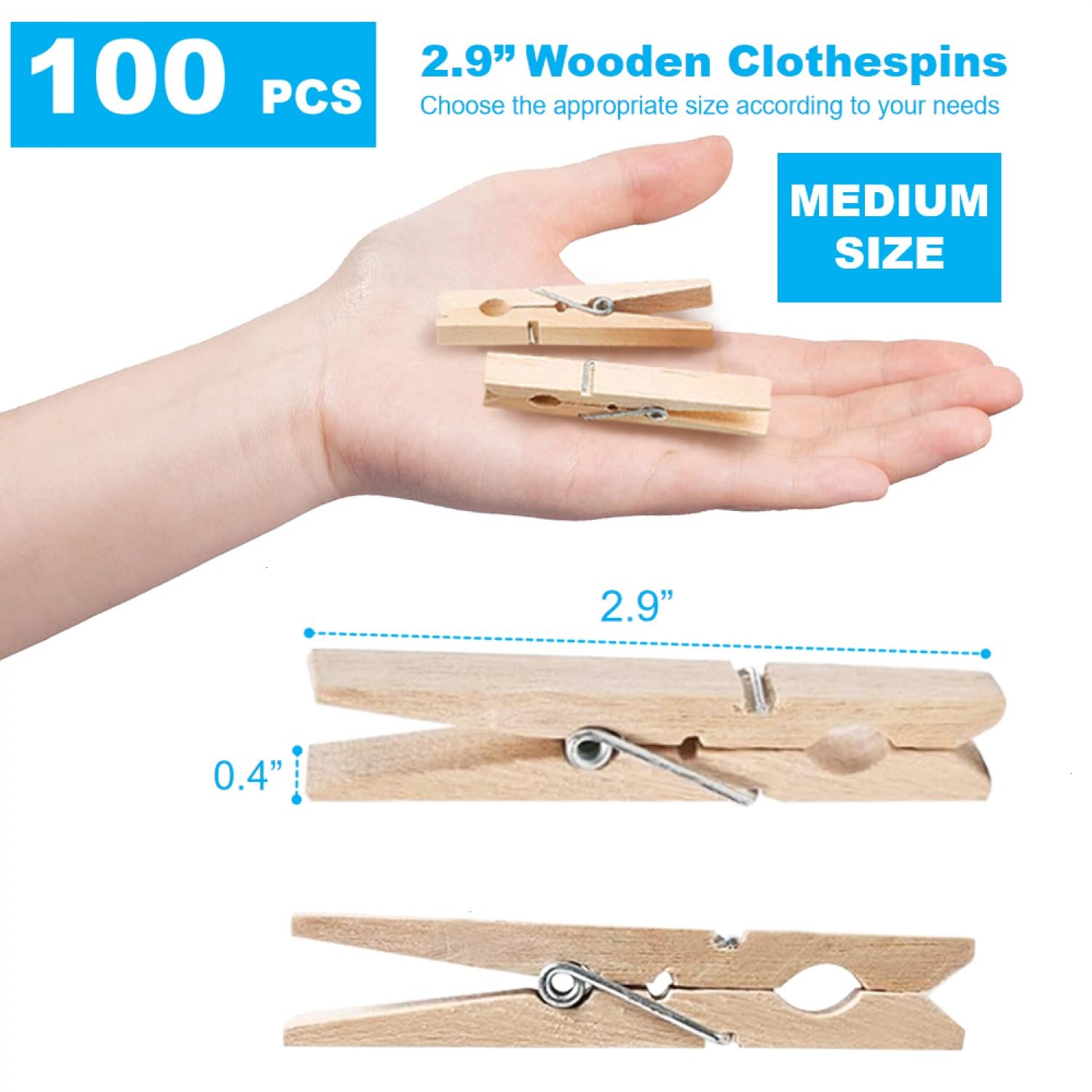 Senseyo 100 Pcs 2.9 Inch Wooden Clothespins Clips For Hanging Clothes, Craft, Home