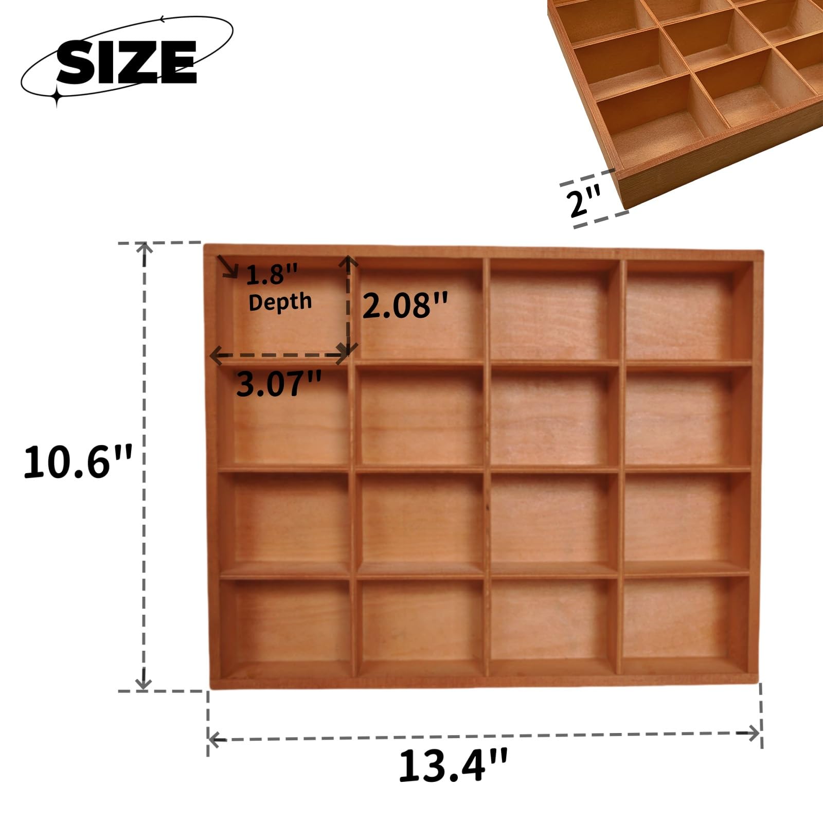 LONG TAO 1 Pcs 13.4  x10.6  x2   Wooden Storage Divider Box Showcase Display Box Organization Tabletop Box with 16 Compartments