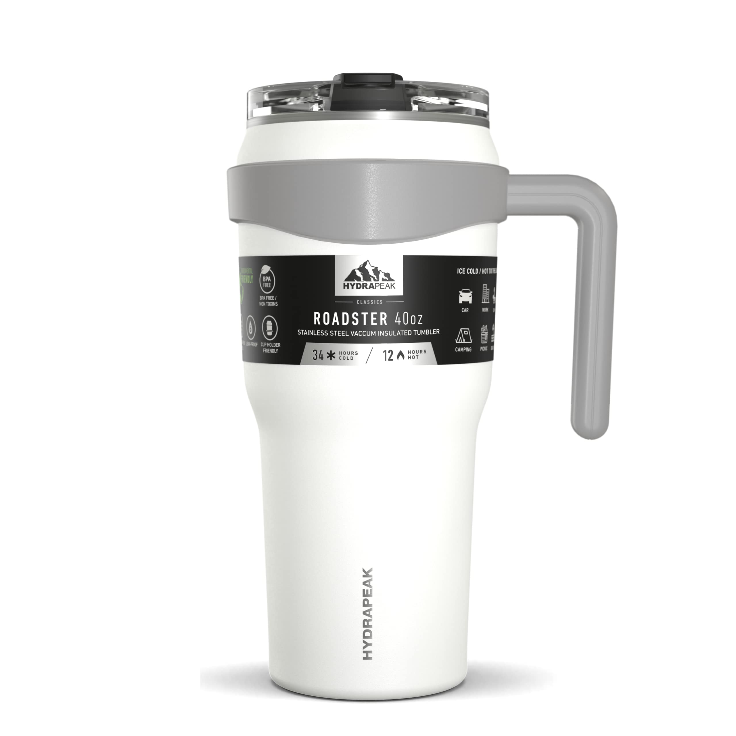 Hydrapeak Roadster 40Oz Stainless Steel Tumbler Double Wall Vacuum Insulated Water Bottle With Handle And 2 In 1 Straw Lid (Whit