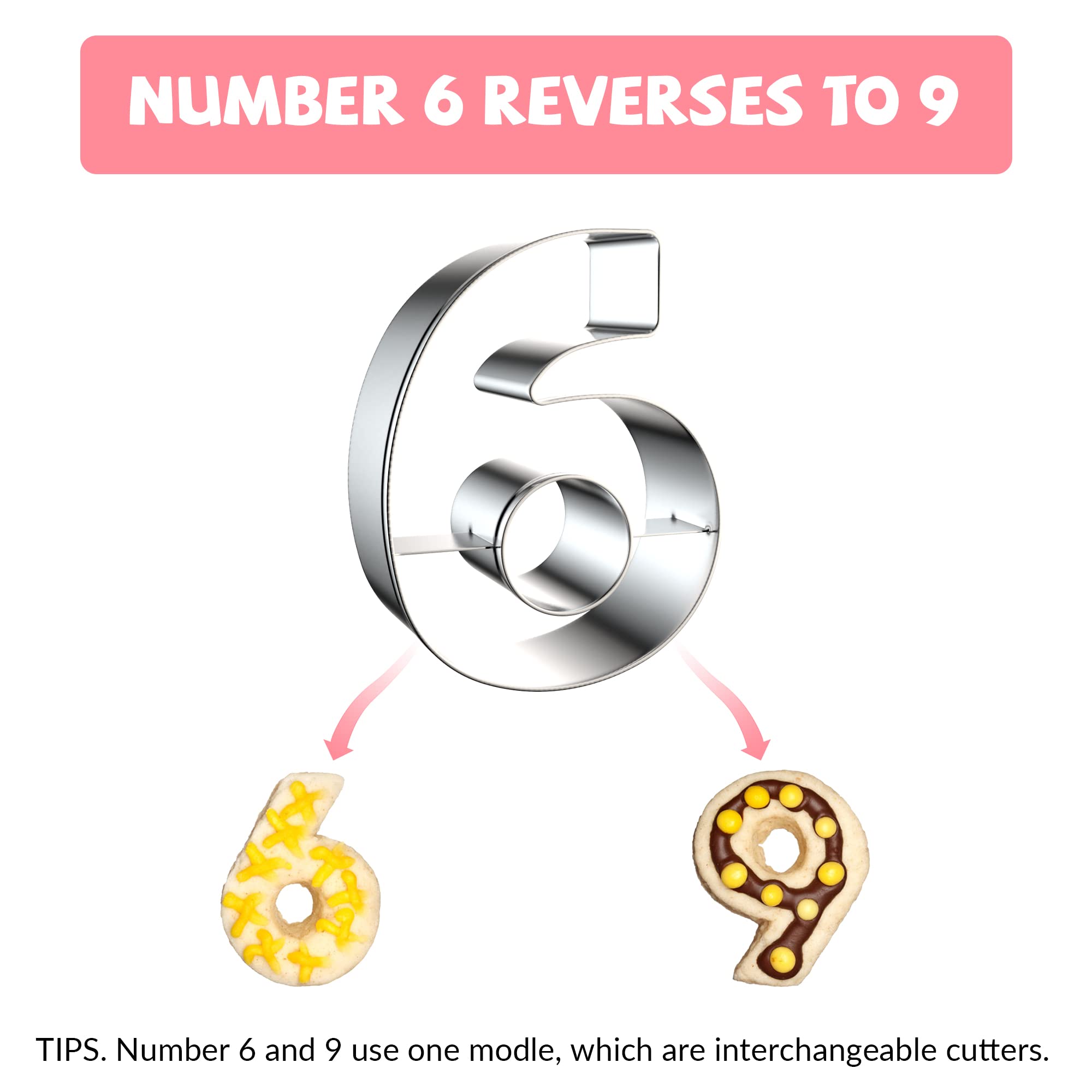 Fusoto 9Pcs Number Cookie Cutters Set, Birthday Numbers 0-8(6 Reverses To 9), Stainless Steel Cookie Cutters For Baking, Number