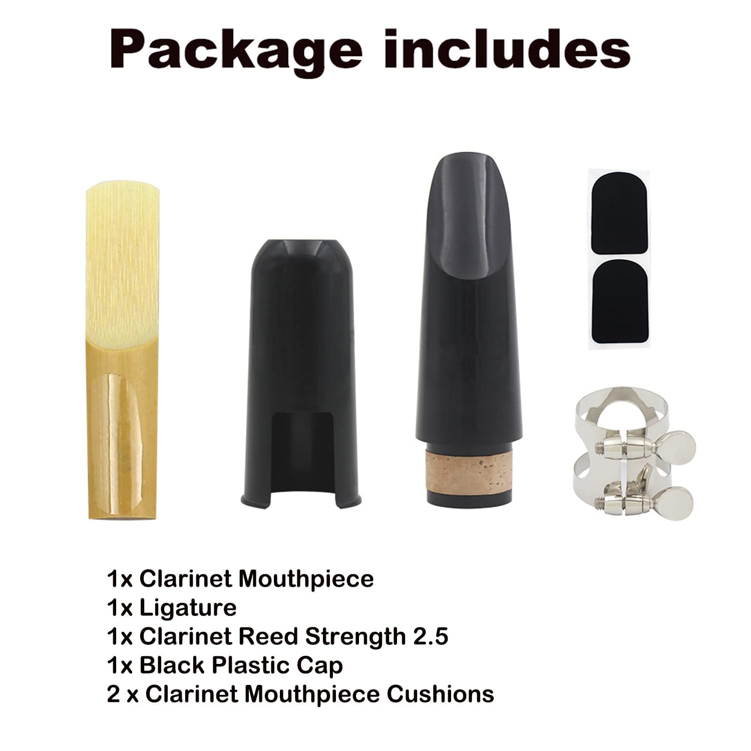 Clarinet Mouthpiece Kit, Includes Ligatureclarinet Mouthpiece Cushionsclarinet Reed 25Black Clarinet Mouthpiece Plastic Cap