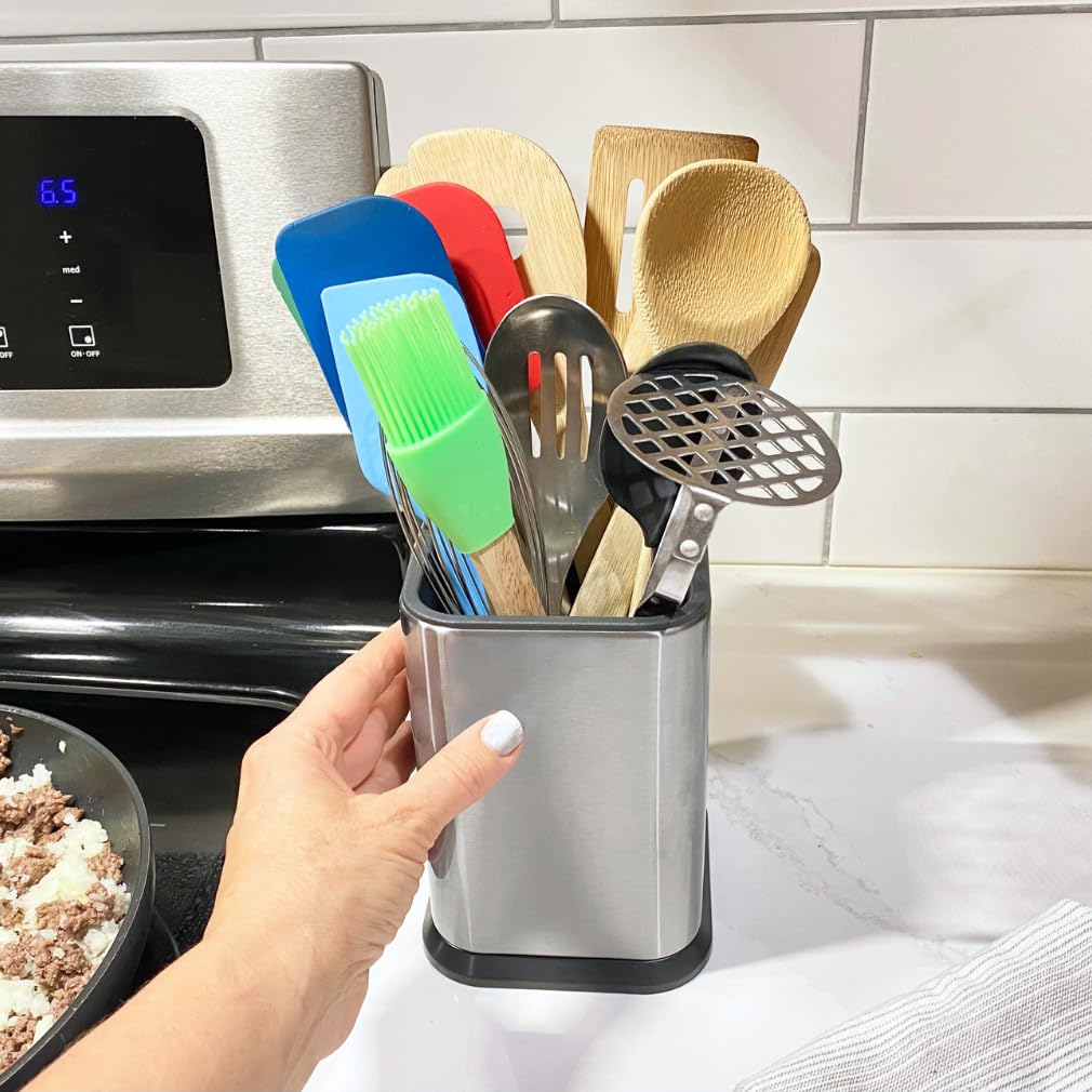 Evelots Stainless Steel Kitchen Utensil Holder For Countertop, 6.75 Inch Tall Cooking Utensil Crock Can Store Up To 15 Big Utens