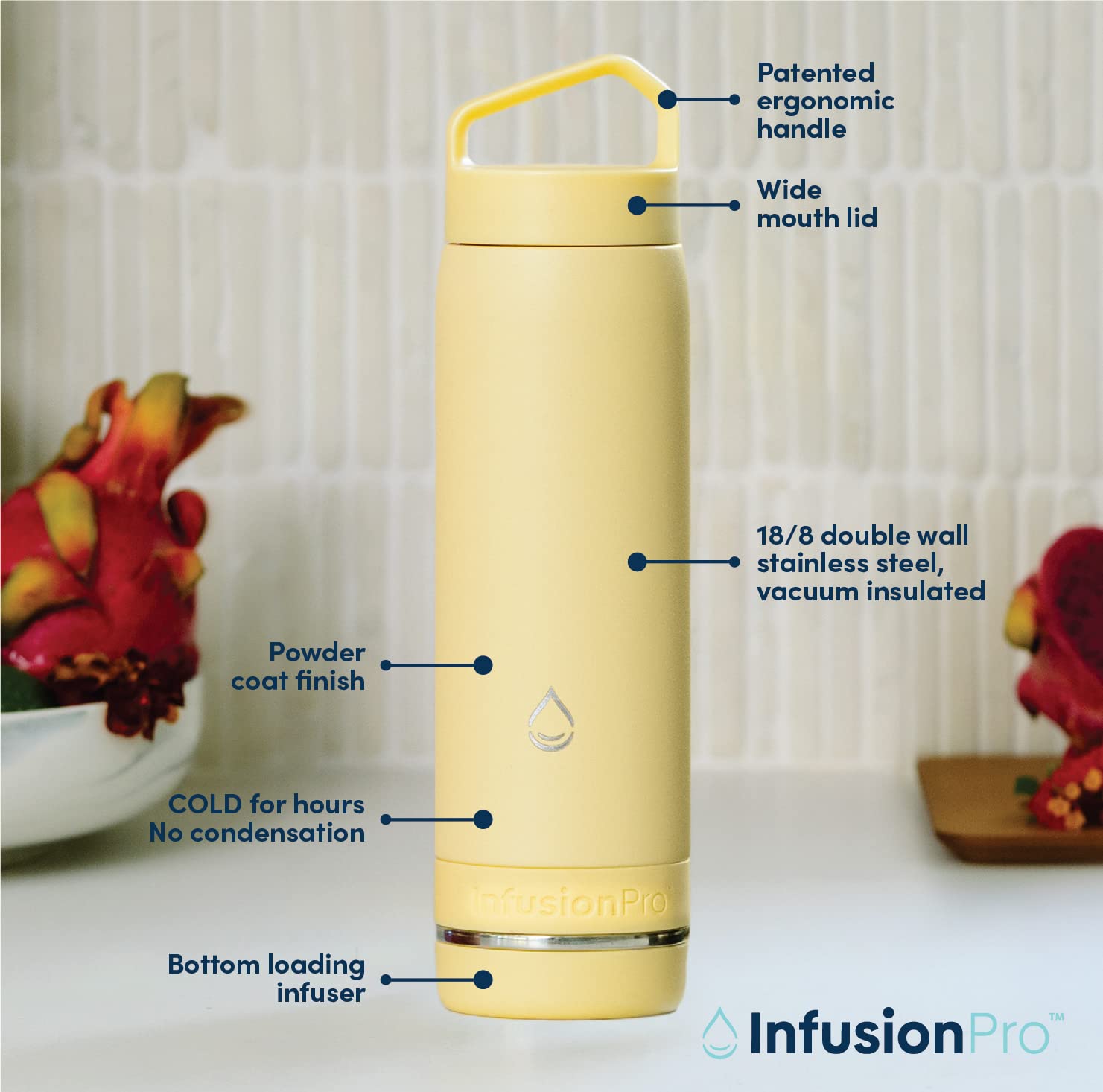 Infusion Pro Fruit Infuser Water Bottle Vacuum Insulated (20 Oz) Stainless Steel : Includes Recipe Ebook : Bottom Loading Water