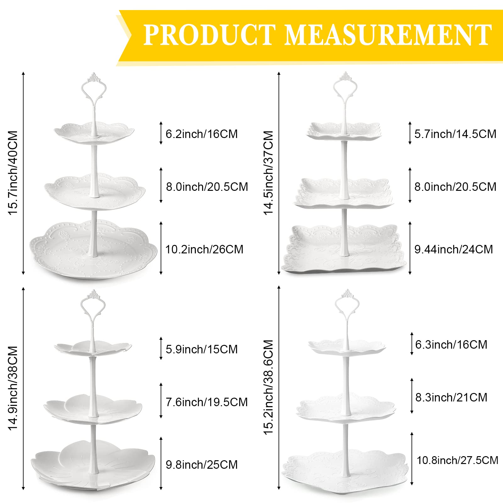Potchen 8 Sets 3 Tier Cupcake Stand Plastic Tiered Serving Tray Round Flower Square Hexagonal White Dessert Table Display Set Ca