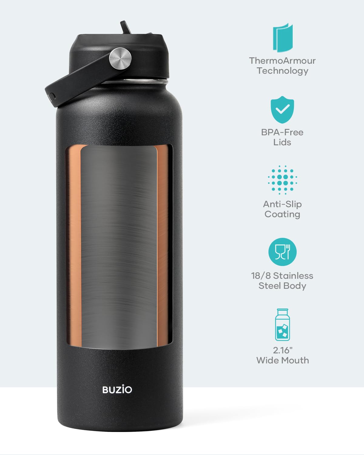 Buzio 40Oz Insulated Water Bottle, Triple Wall Vacuum Stainless Steel Water Flask With 2 Lids, Lead-Free Bpa-Free Straw Lid Spor