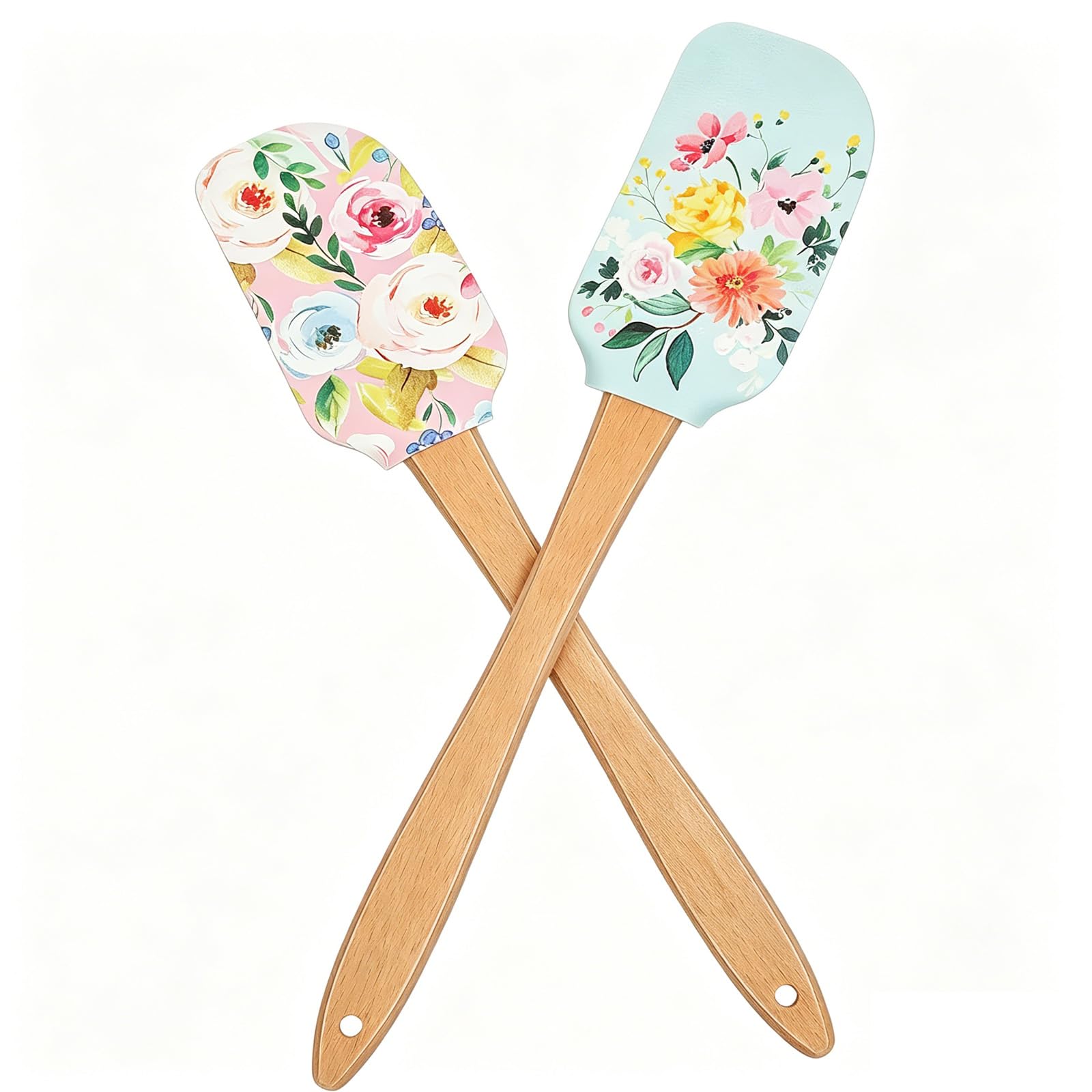 2Pcs Floral Silicone Spatula with Wooden Handle Baking Spatula for Cake