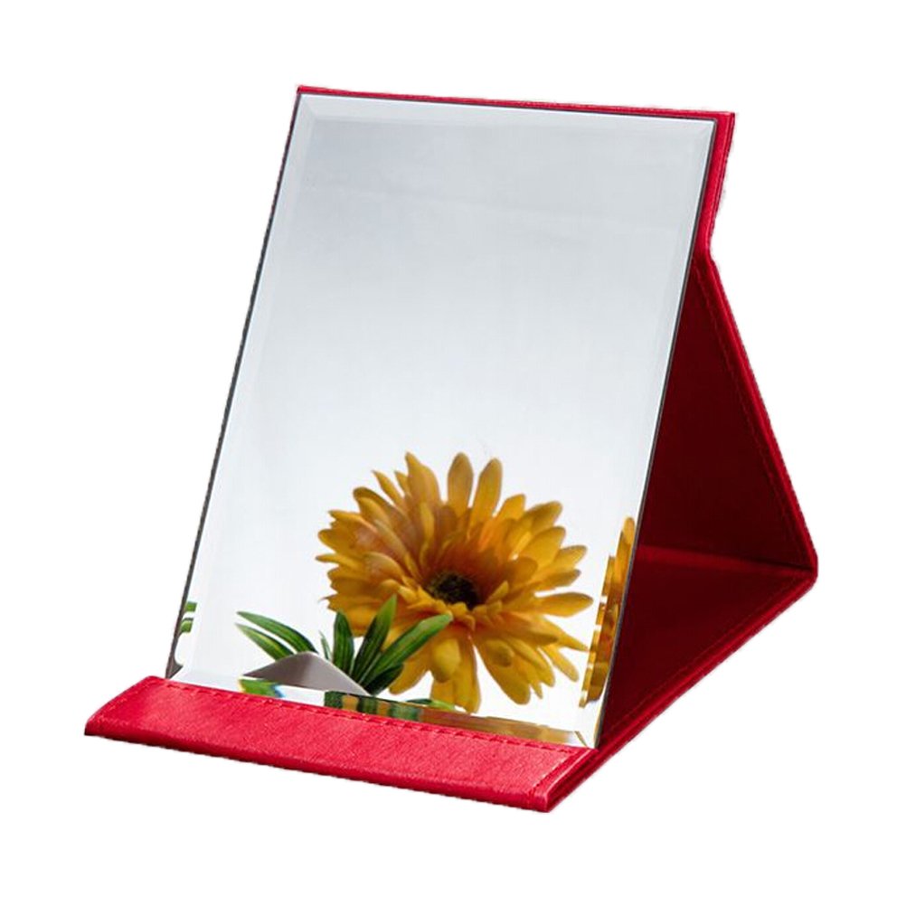 JOLY Protable PU Leather Mirror Folding Desktop Makeup Mirror with Adjustable Stand for Personal Use,Travelling (M, Red)