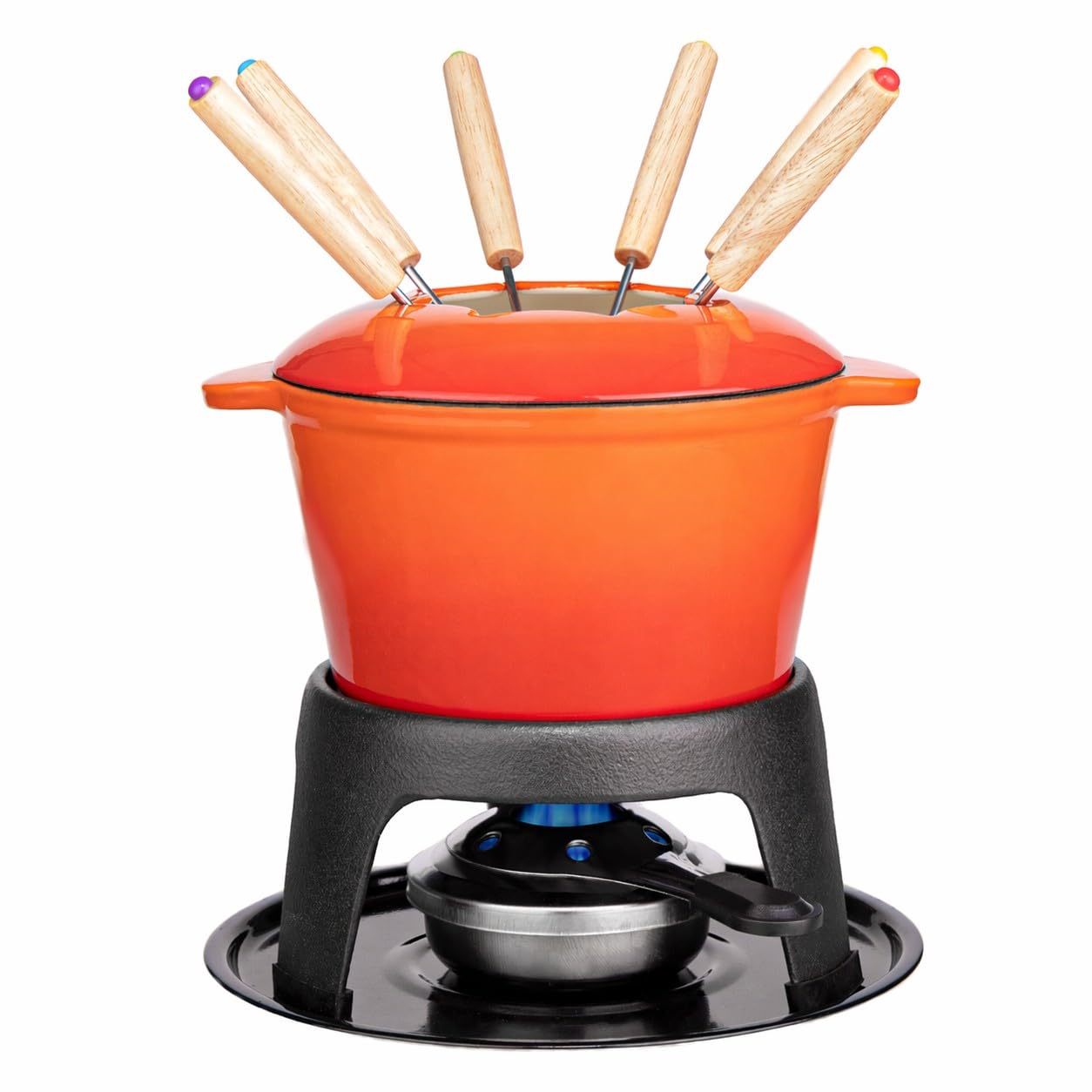 Mabeeze Cast Iron Fondue Pot Set Orange Enameled 1.6 Qt for Cheese, Chocolate, or Meat: Includes 6 Fondue Forks