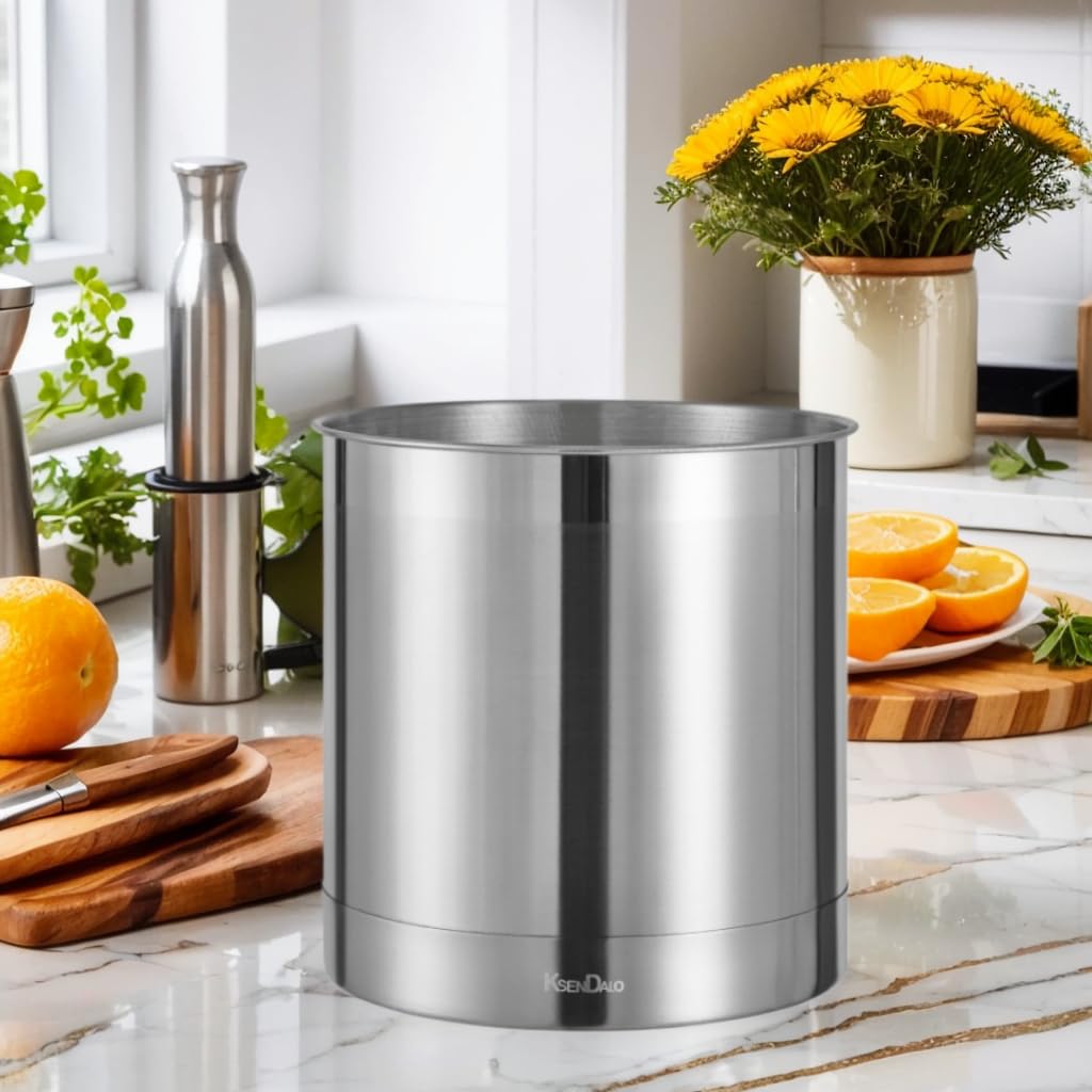 Ksendalo Large Stainless Steel Utensil Holder -7X7Inch Round Kitchen Caddy, Crock, And Organizer For Cooking Spoons, Silverware,