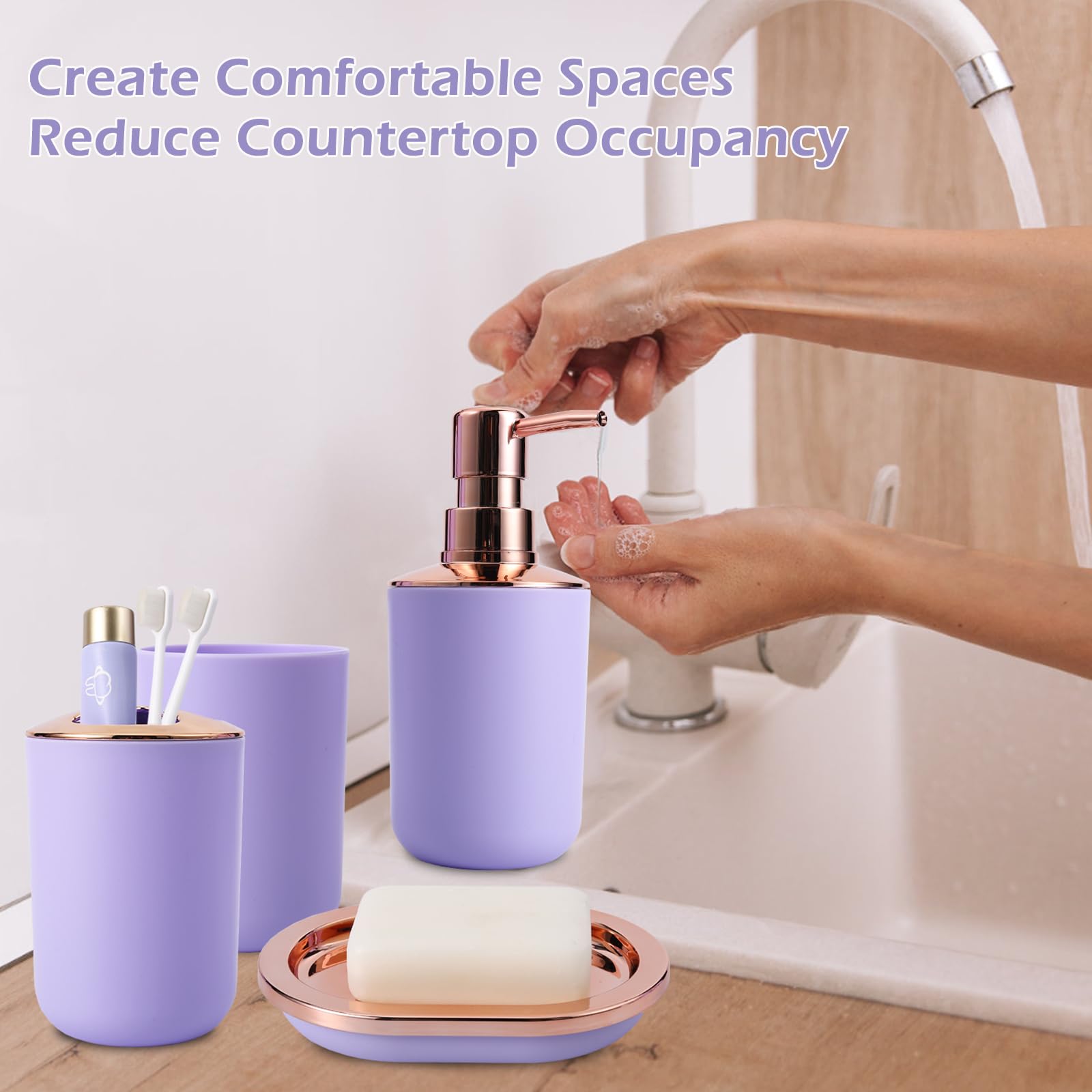 Purple Bathroom Accessories Set, 9-Piece Complete With Trash Can, Soap Dispenser, Soap Dish, Toilet Brush With Holder, Toothbrus