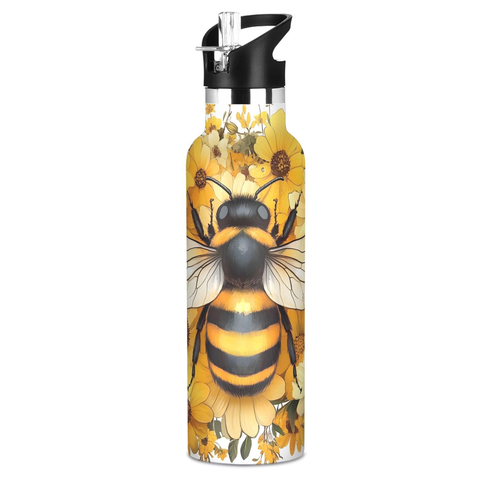 Yellow Daisy Bee Bumblebees Water Bottles for Boys Kids Stainless Steel Thermos Bottle Cups with Straw Lid Leakproof Insulated F