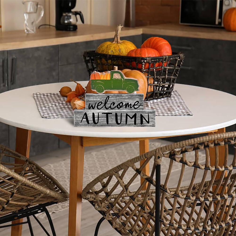3PCS Wooden Fall Decorations for Home, Rustic Farmhouse Fall Table Decor Set with Pumpkin Truck & Signs, Harvest Thanksgiving Ta
