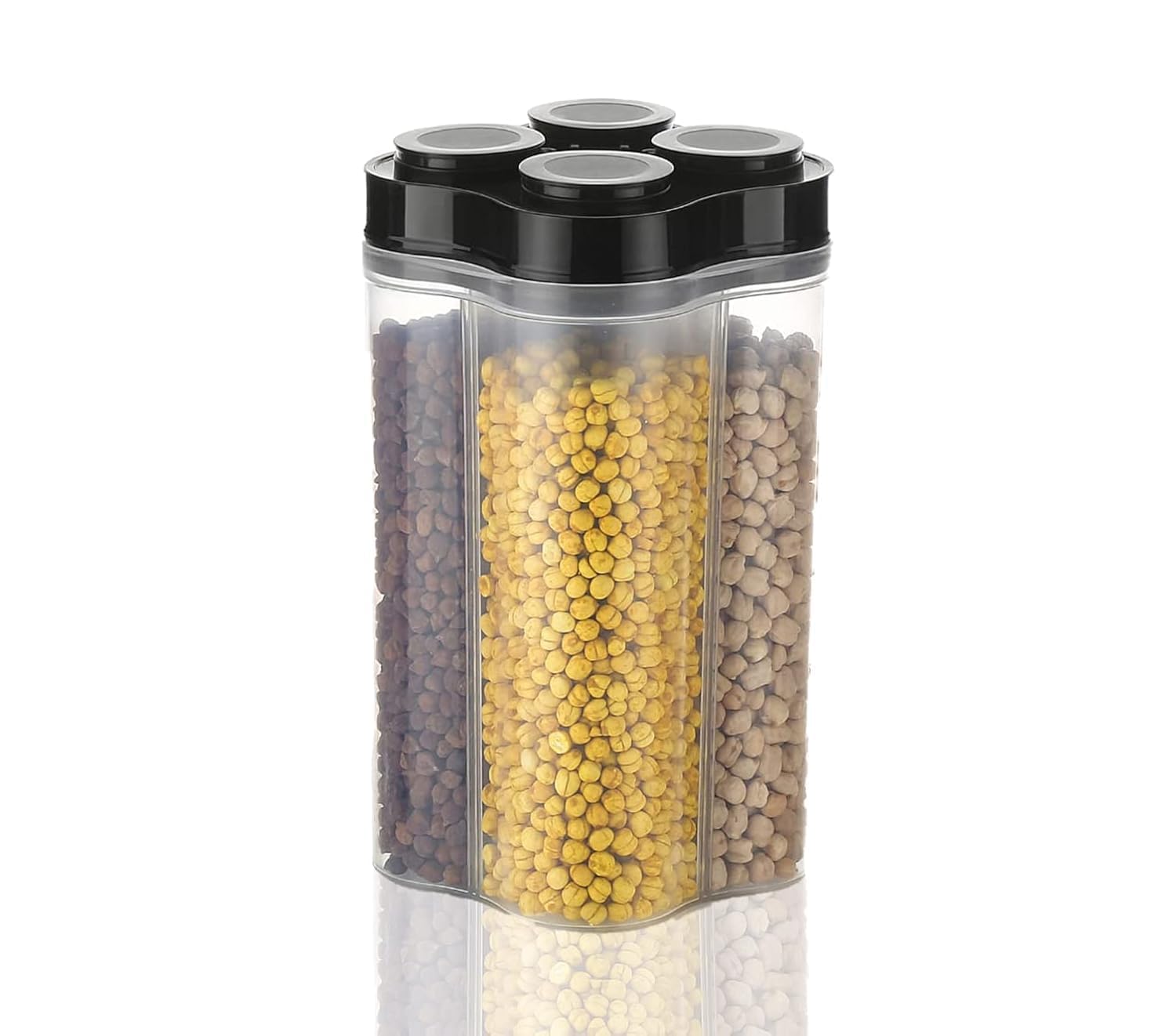 Kridix Set Of 1 4 In 1 Multipurpose Transparent Plastic Storage Container With Rotating Lids Airtight Jar For Pulses, Grains, Ce