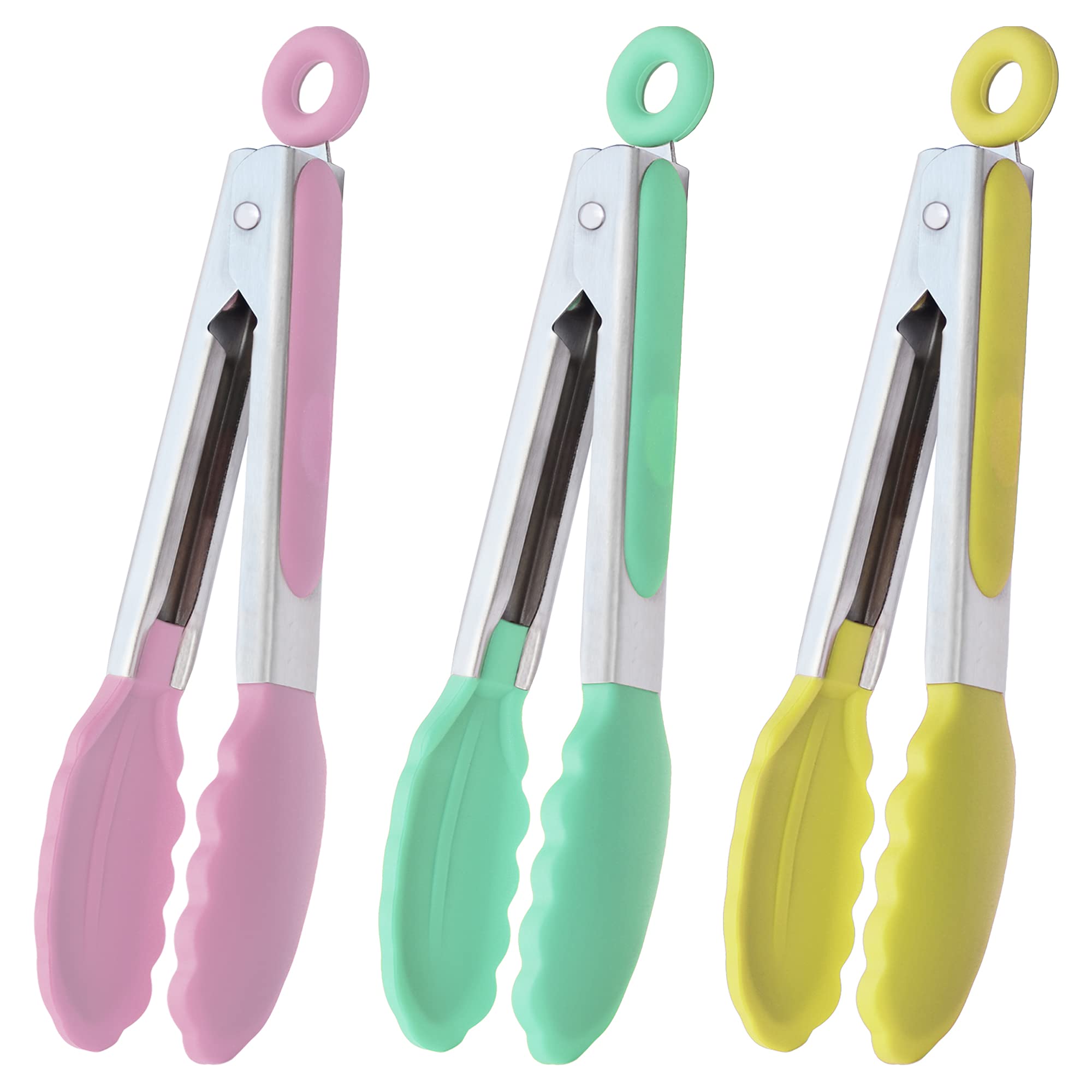 Hinmay Small Tongs With Silicone Tips 7-Inch Serving Tongs, Set Of 3 (Pink Mint Yellow)