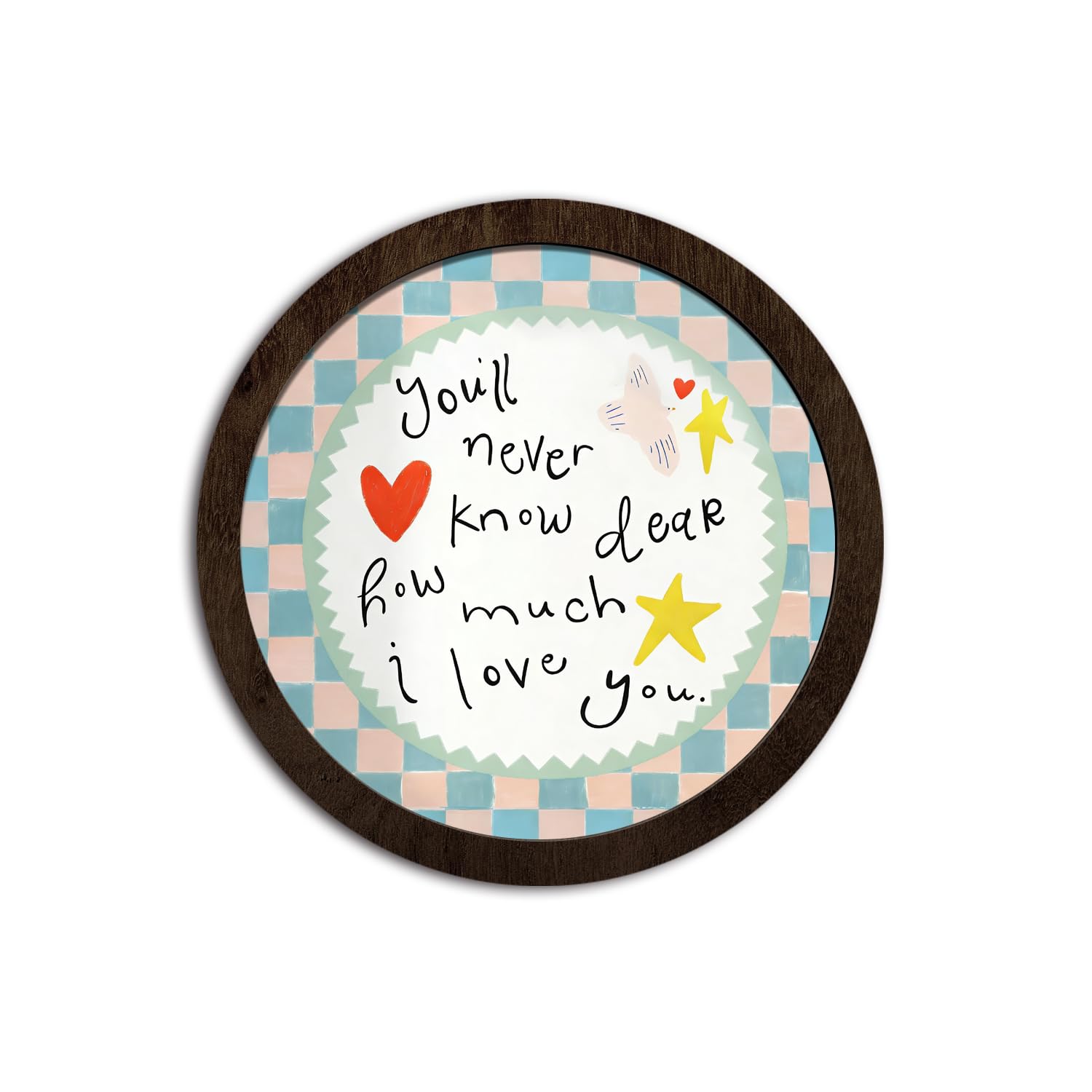 Cffjlhn Girl Nursery Wall Art Decor Framed, YouLl Never Know Dear How Much I Love You Retro Checkered Round Hanging Wall Decor 