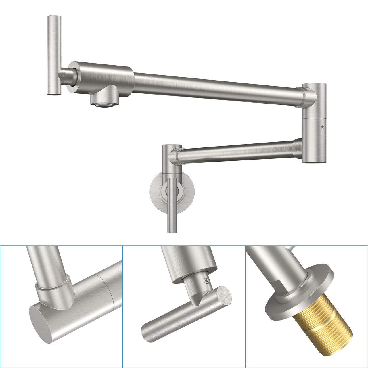 LEPO Pot Filler Faucet  Wall Mount Solid Brass Brushed Nickel Double Joint Swing Arm Folding Kitchen Faucets with Single Hole  2 Handles