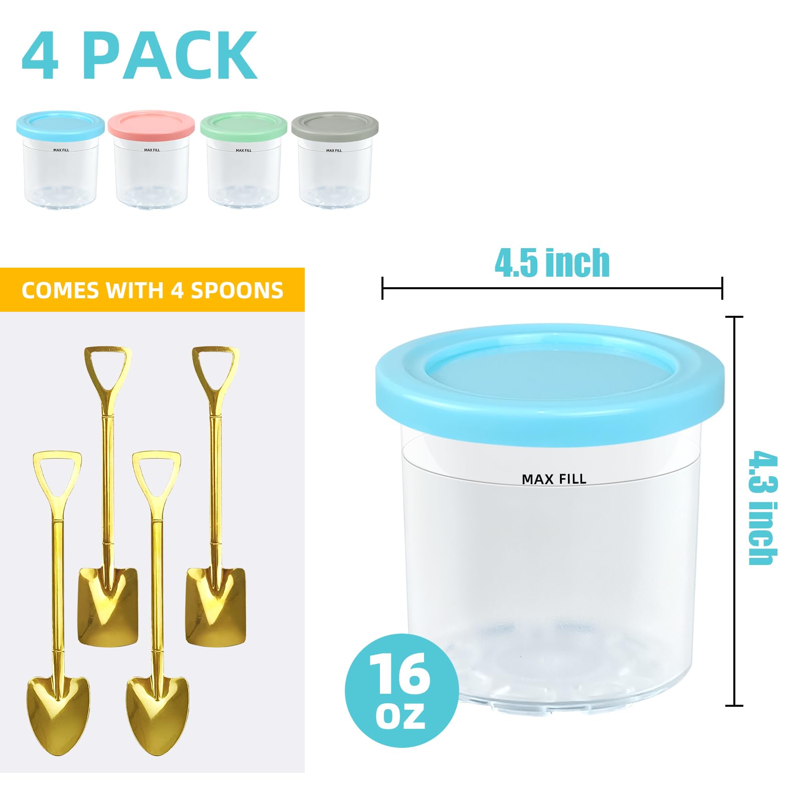 16Oz Ninja Creami Containers,4Pcs Creami Pint Containers,Ice Cream Pints Containers With Lids For Nc301 Nc300 Nc299Amz Series Ic