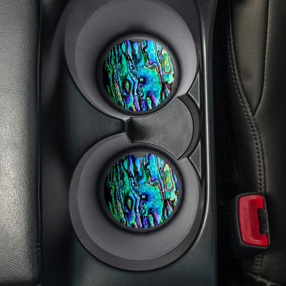 Teal Abalone Car Coasters For Drinks Set Of 2 - Perfect Car Accessories. Coaster Measures 2.56 Inches With Rubber Backing And Fa