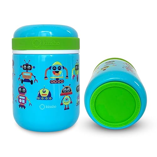 kinsho Kids Thermos for Hot Food Soup Lunch  Insulated Stainless Steel Wide Mouth Jar  Container for Girls Toddlers Day Care Pre-School  Leakproof Easy Grip Thermal Vacuum Seal 10 oz  Robots