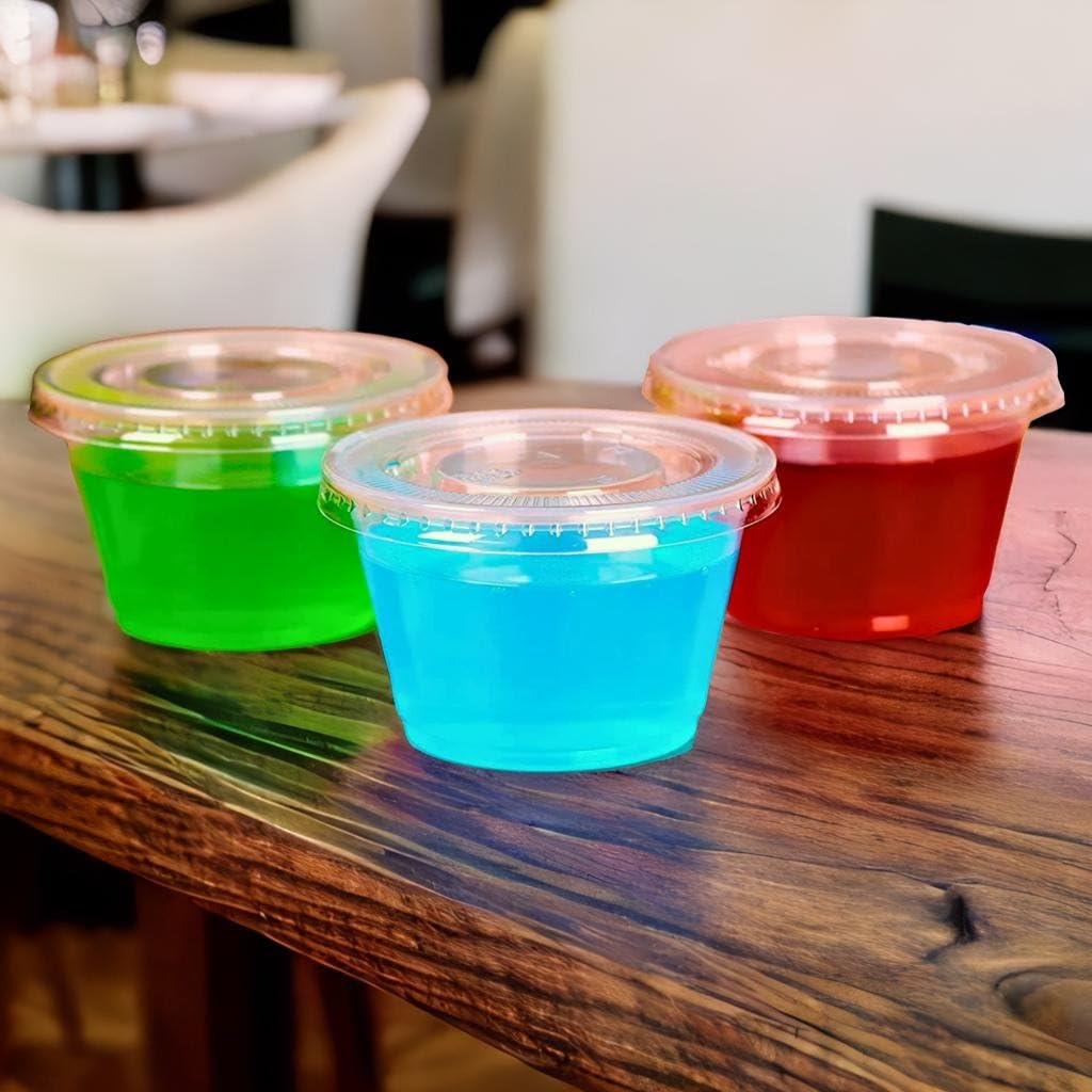 Green Direct 4 oz Disposable Jello Shot Cups With Lids | Condiment Containers with Lids Clear Plastic Cups with Lids | Salad Dressing Container To Go Souffle Portion Control Sauce Cups Pack of 100