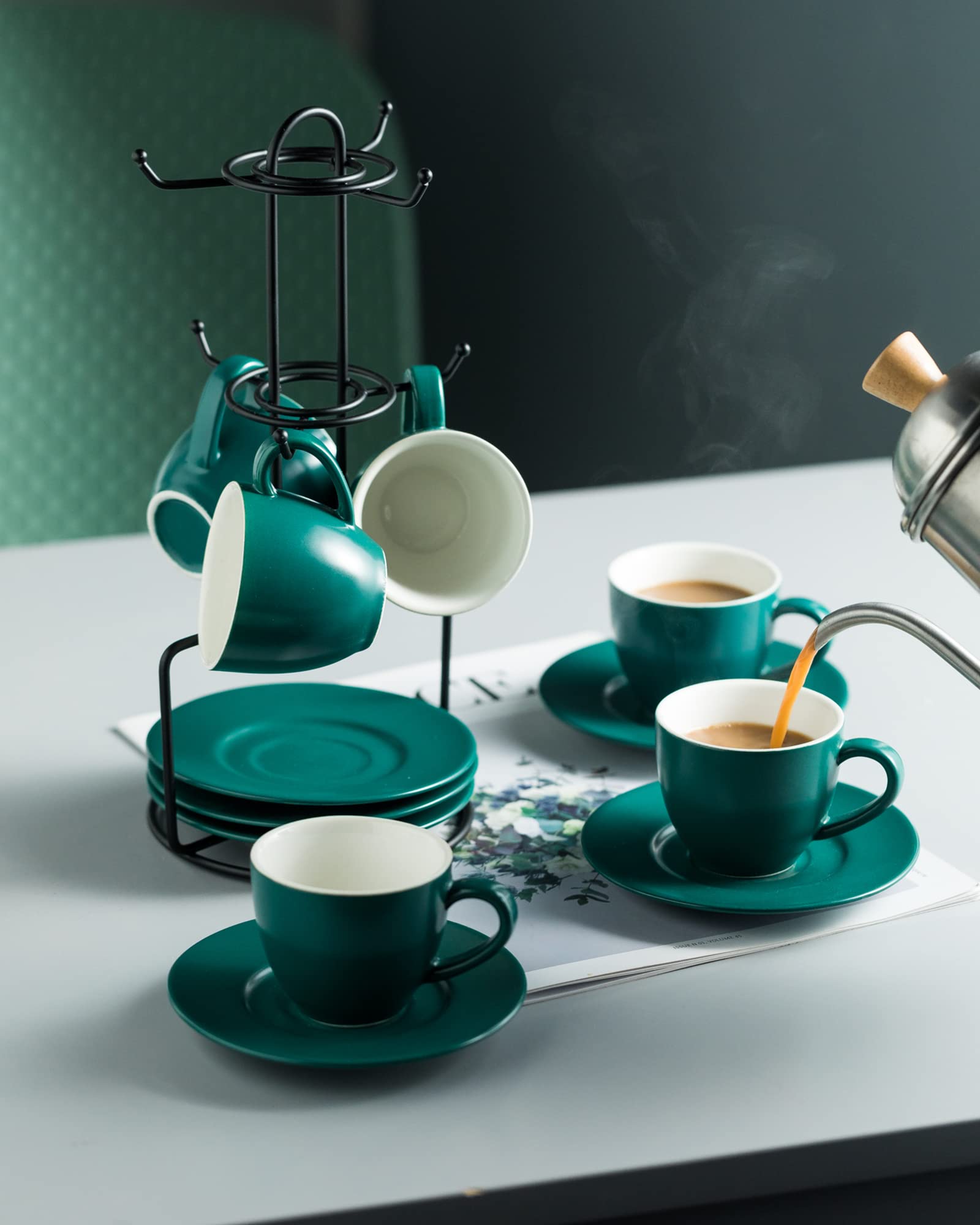Yhosseun Ceramic Espresso Cups And Saucers Set With Metal Rack, 3 Oz Espresso Cups Set Of 6 - Small Coffee Cups Demitasse Cups F