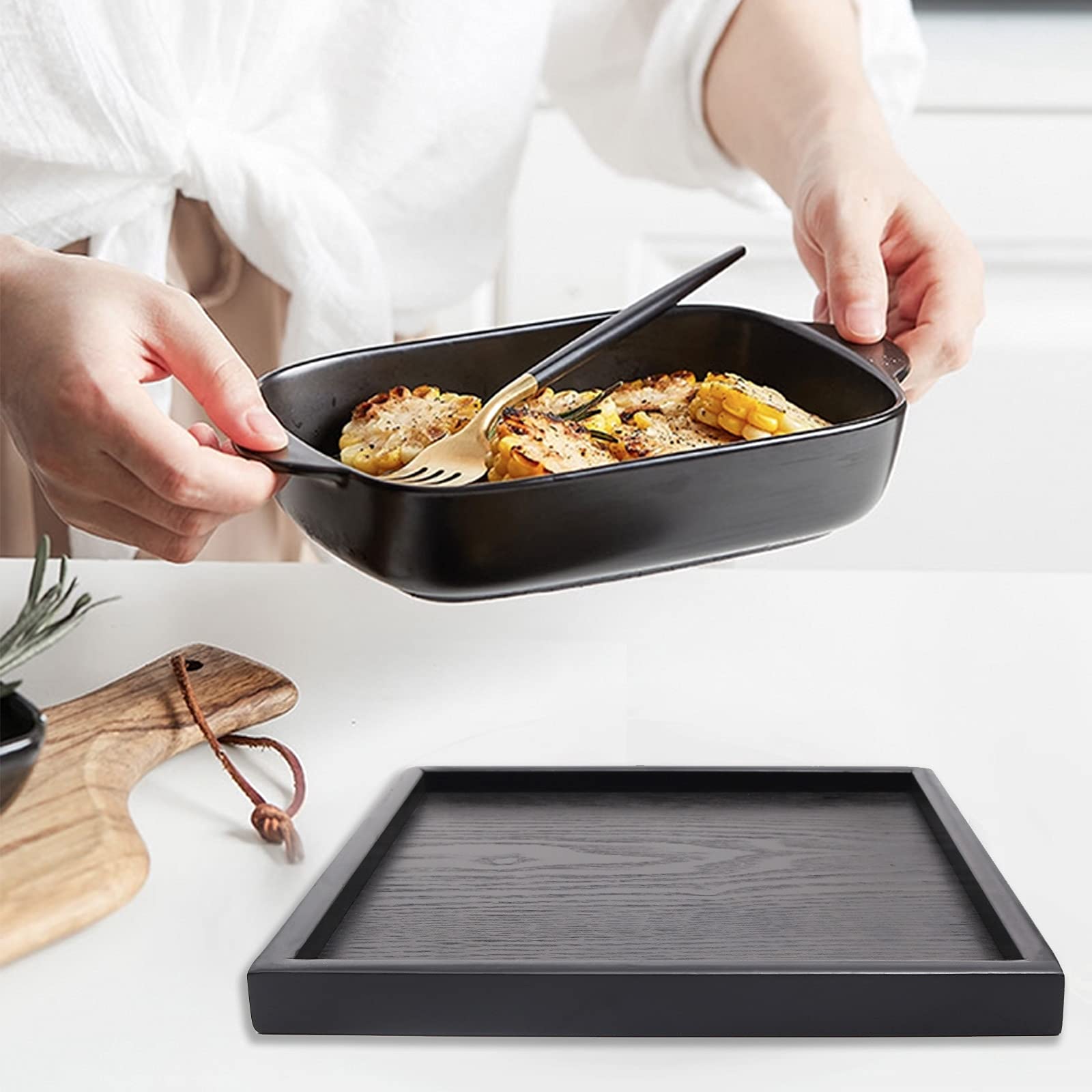 Solid Wood Serving Tray, Square Non-Slip Tea Coffee Snack Plate, Serving Tray With Raised Edges, For Home Kitchen Restaurant (9.
