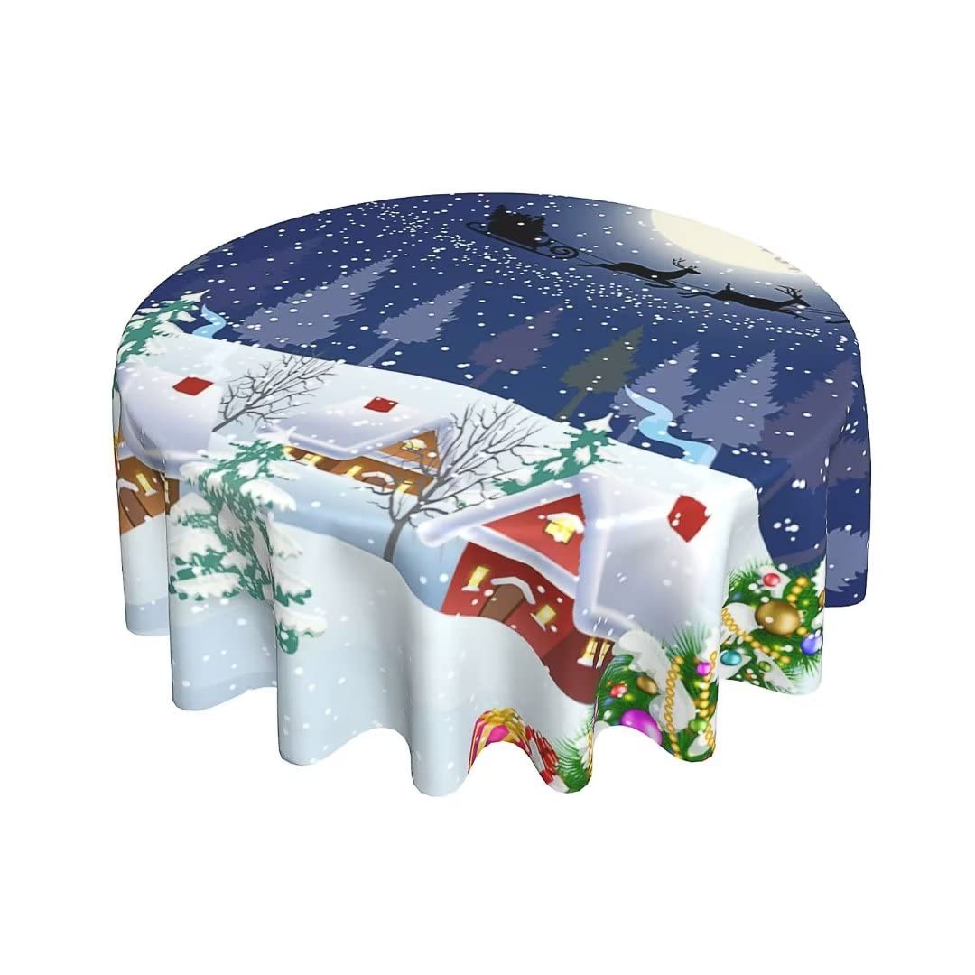 BETGINY Christmas Tablecloth - 60 Inch Round Blue Winter Snowman Xmas Tree Santa Stars Snow Table Cloth Dust-Proof Wrinkle Resis