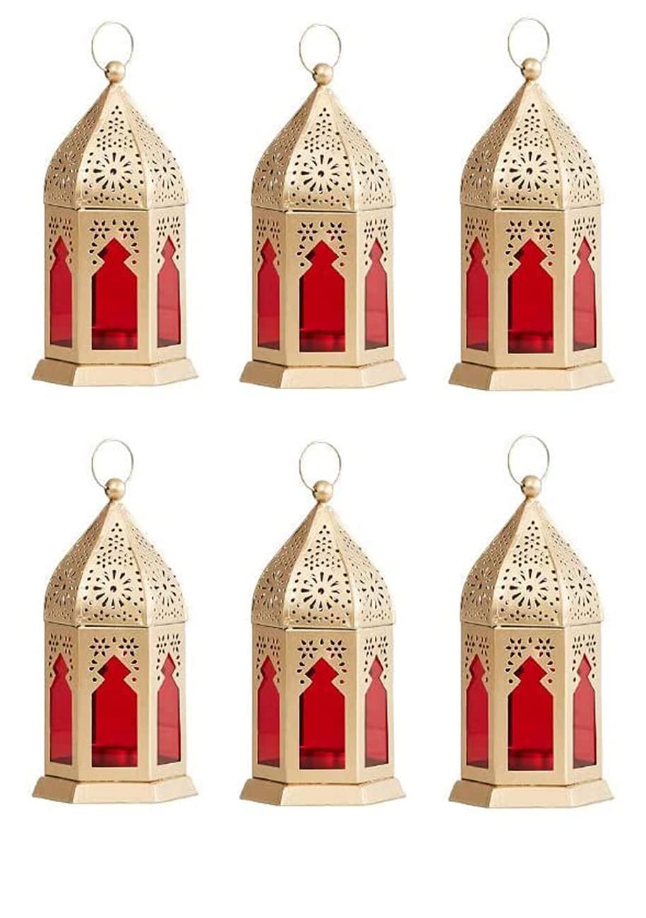 BWO Moroccan Hanging Lantern | Laltern Lamp with Tealight Candle Holder (Set of 6, Combo) (Gold RED Glass)