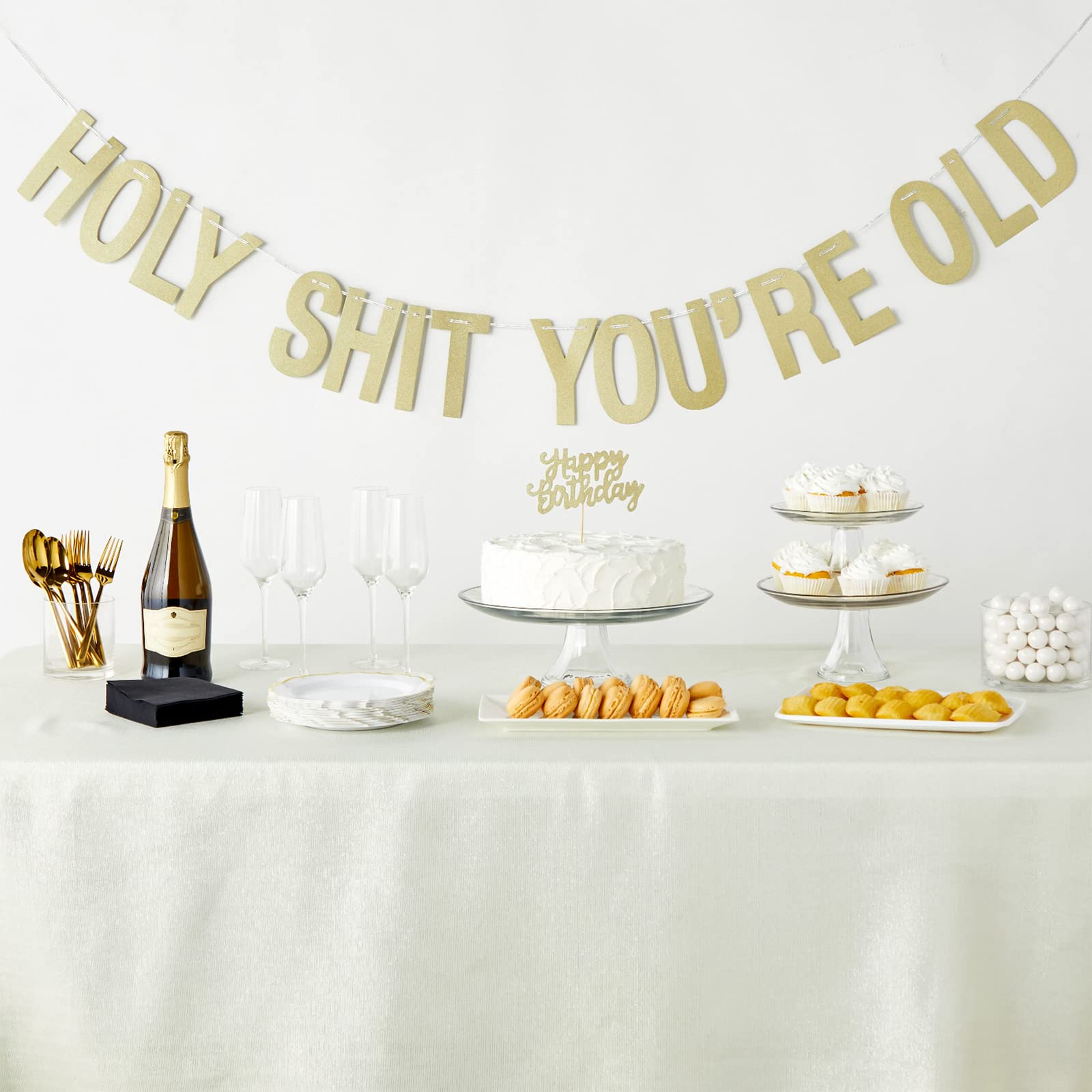 BLUE PANDA Gold Happy Birthday Banner & Cake Topper Set, 10 Feet - Funny Party Decorations