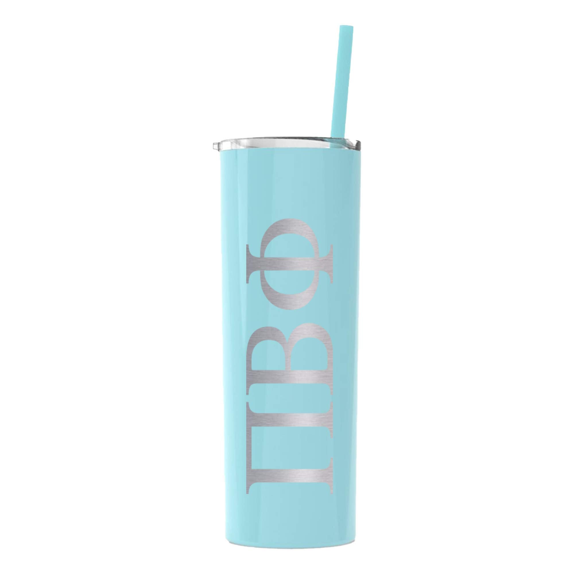 Pi Beta Phi Greek Letter Skinny Tumbler With Straw, Stainless Steel 20 Oz Capacity (Seafoam)