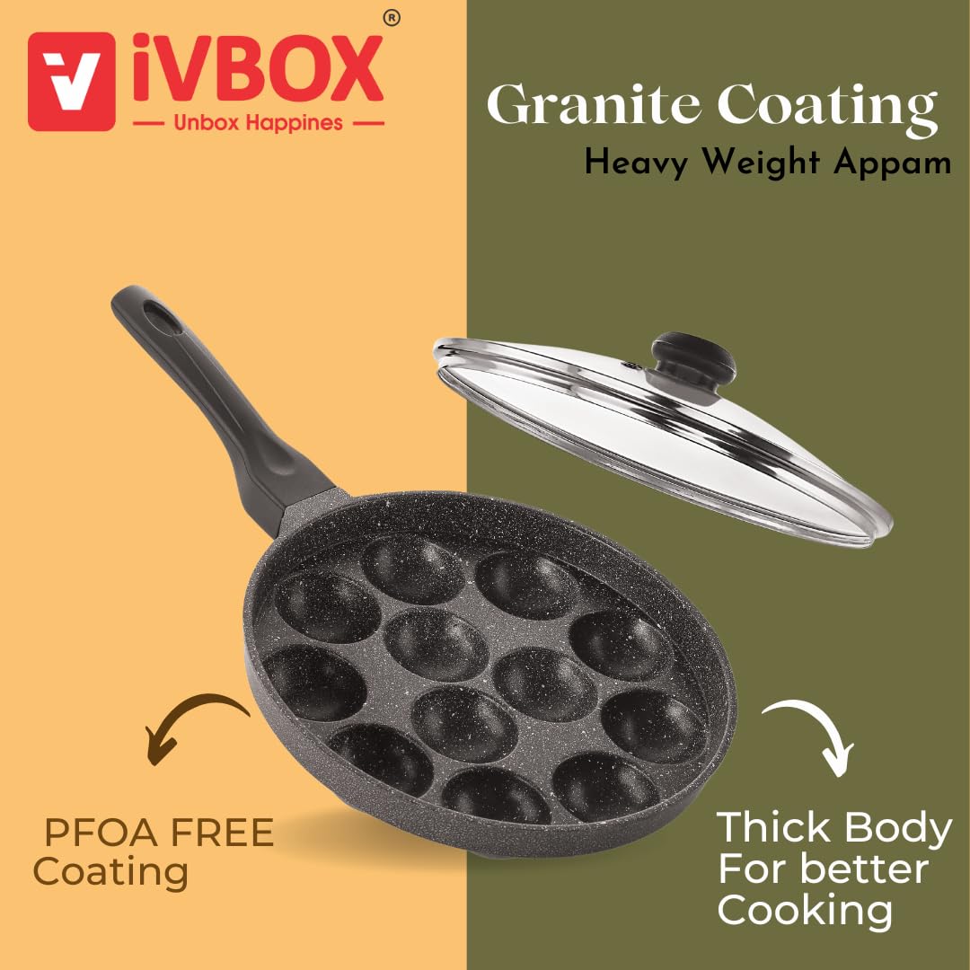 ivbox MAX-PRO Appam Pan Heavy-Weight Non-Stick appe Paniyarakkal Maker with Glass Lid, Cast Aluminium, Silver Grey