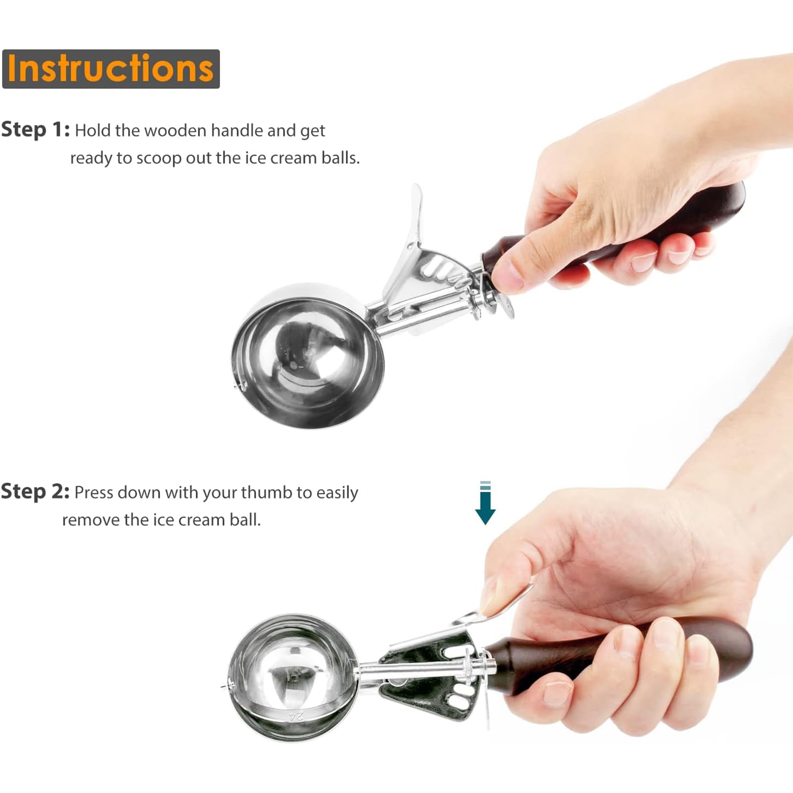 Ice Cream Scoop, Cookie Scoop,Hafan Food Grade 304 Stainless Steel Icecream Scoops With Trigger And Non-Slip Wood Handle, For Ic