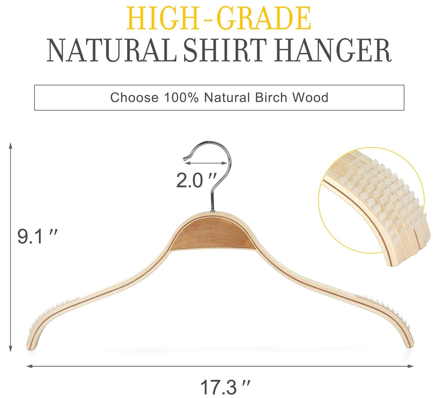 Topia Hanger Slim Natural Wood Hangers With Extra Soft Non-Slip Rubber Grips, 18-Pack High-Grade Fashion Hanger No Shoulder Bump