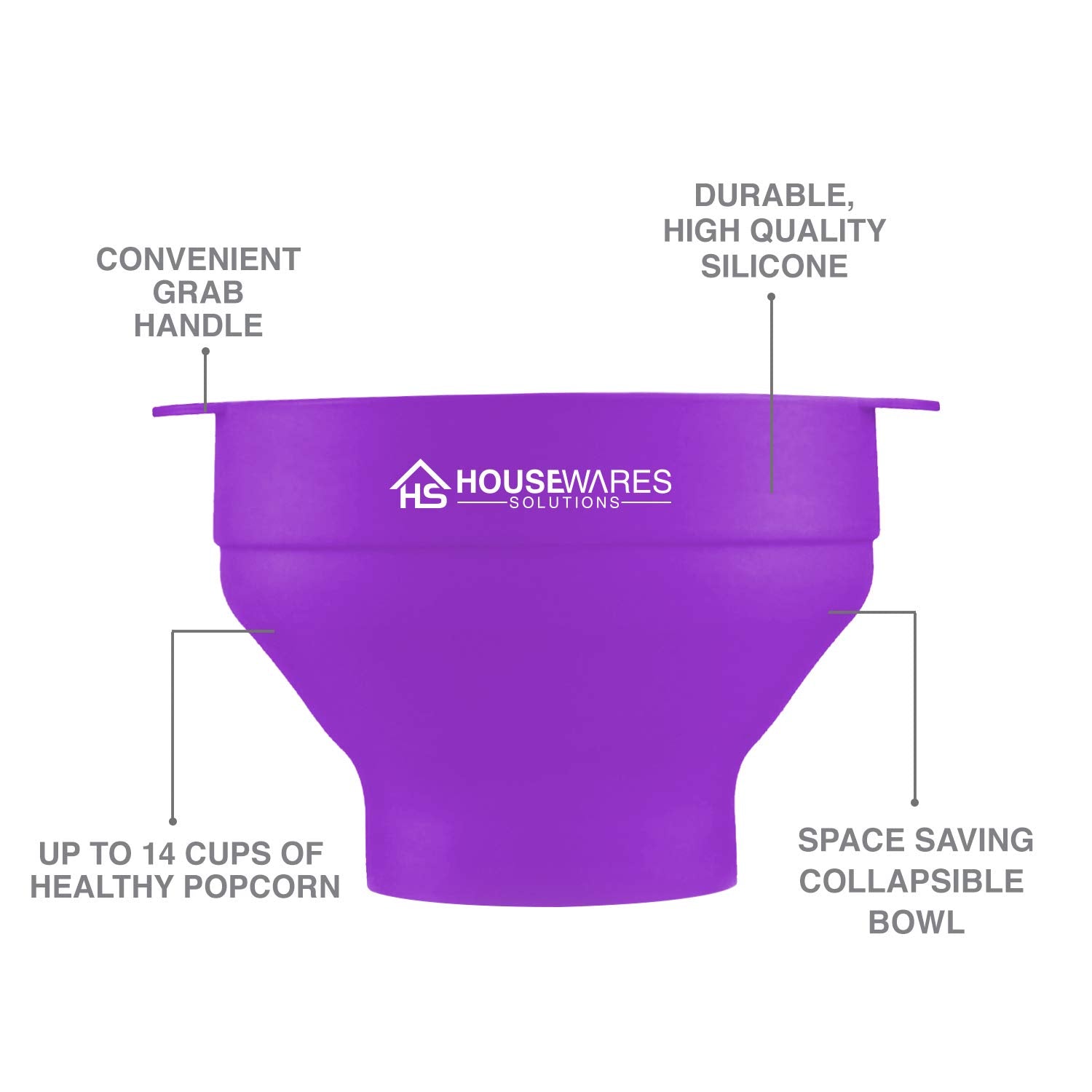 Collapsible Silicone Microwave Hot Air Popcorn Popper Bowl With Lid And Handles (Purple)