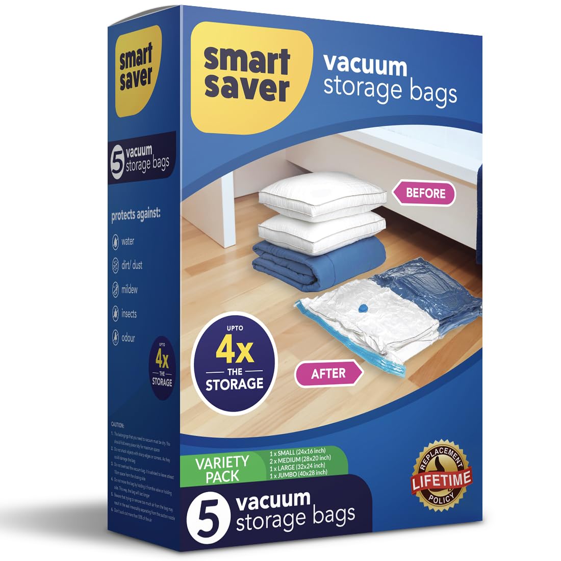 Smart Saver Polyethylene 5 Pack (No Handpump Included) Combo Size Reusable Ziplock Vacuum Storage Space Saver Bags For Clothes,B
