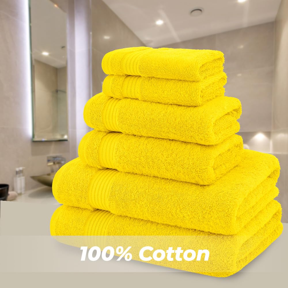 100% Cotton 6 Piece Turkish Towel Set, Ultra Soft Absorbent Bathroom Towel Set, 2 Bath Towels 2 Hand Towels 2 Washcloths, Yellow