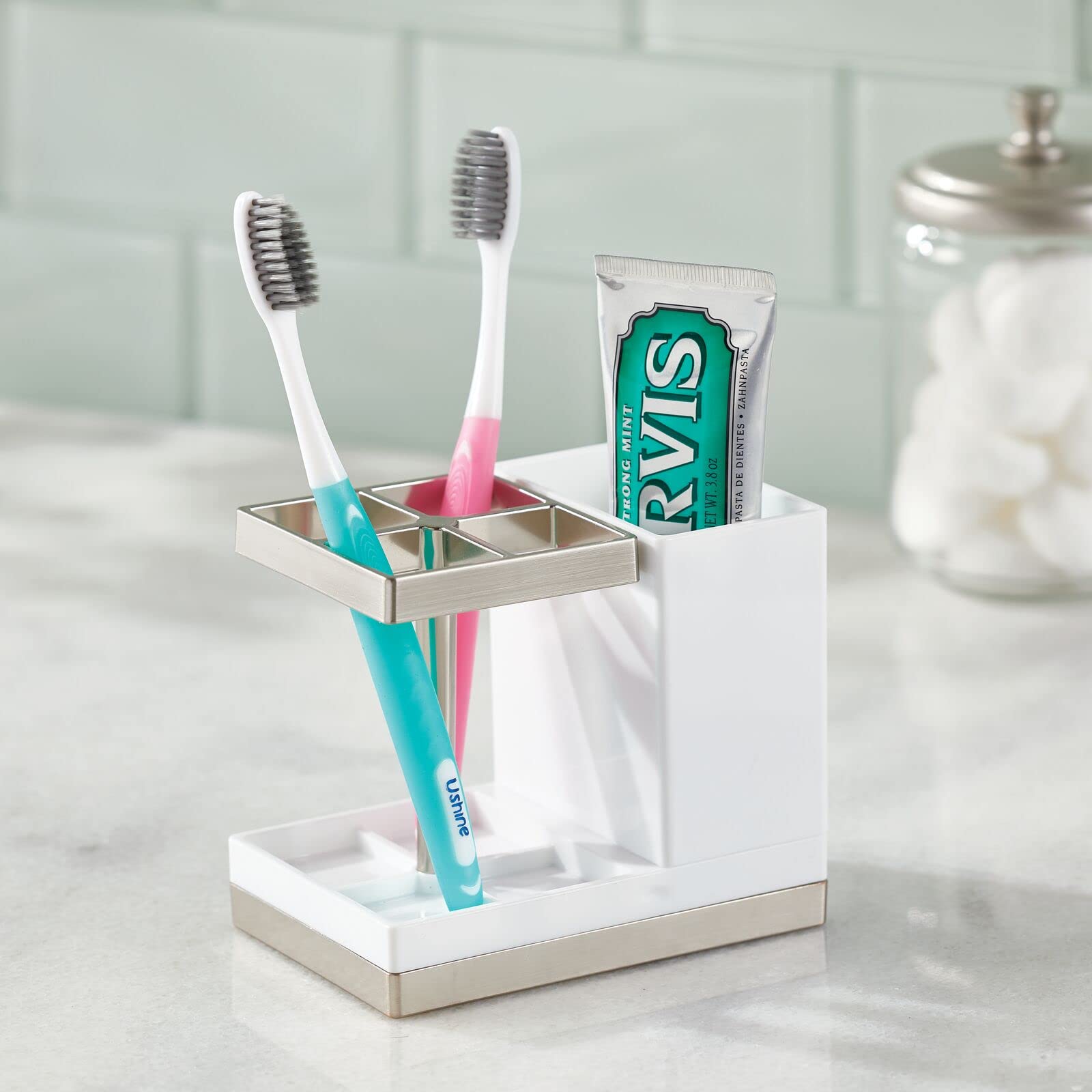 mDesign Plastic Toothbrush and Toothpaste Storage Organizer Holder - Home Decor for Bathroom Countertop - Holds Toiletries and B