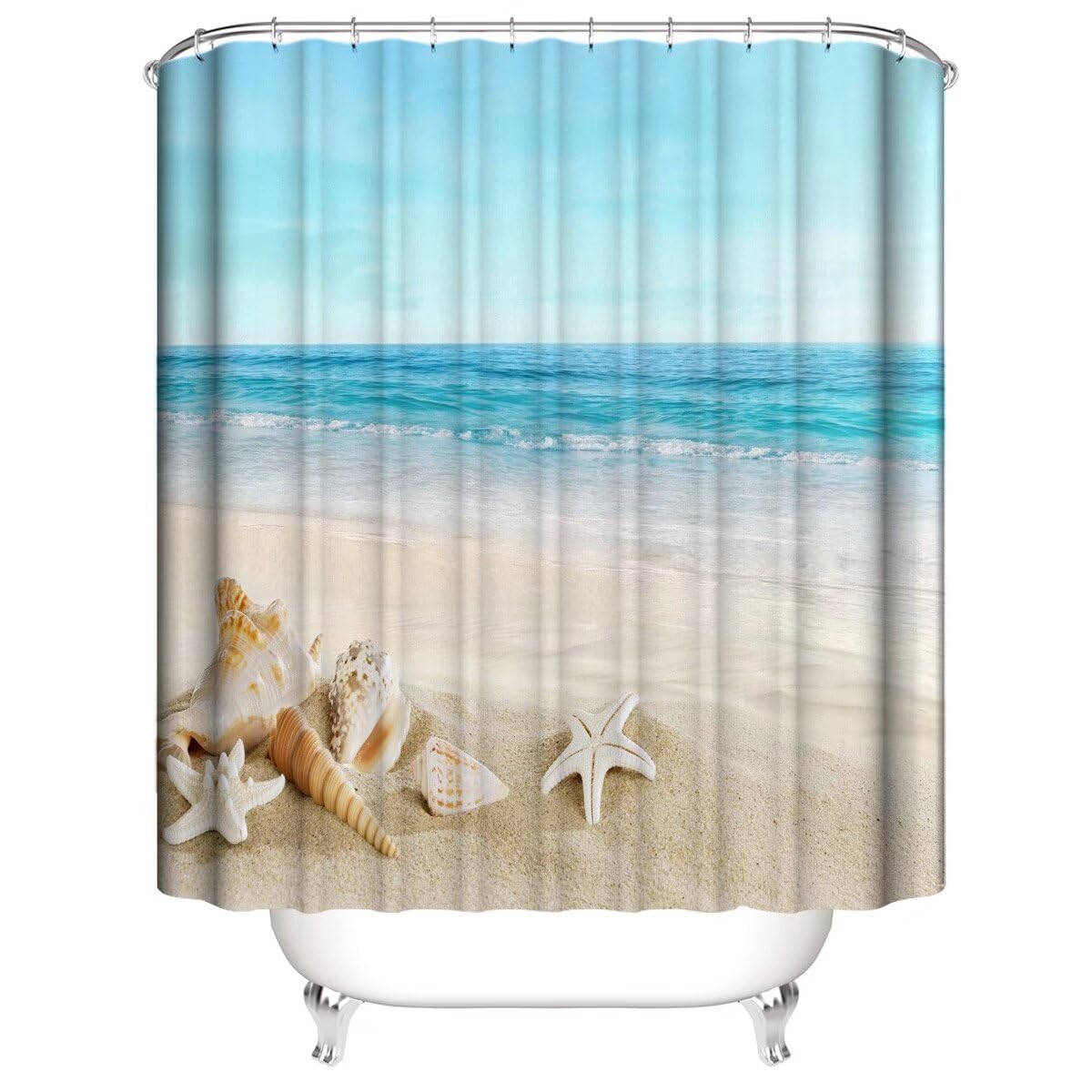 Chrainy 4Pcs Summer Beach Shower Curtain Sets Sea Ocean Bathroom Set Decor With Non-Slip Rugs Bath U-Shaped Mat Toilet Lid Cover