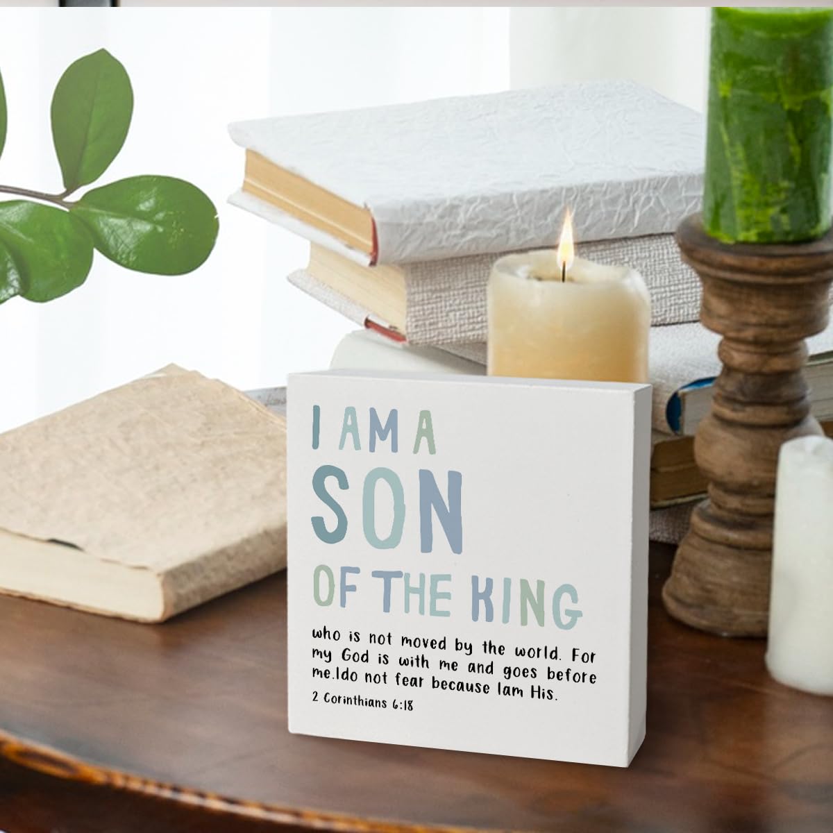 FLVGE Boy Nursery Decor, I Am A Son of The King Wooden Box Block Sign, Bible Verse Sign, 2 Corinthians 6:18 Scripture Decor for