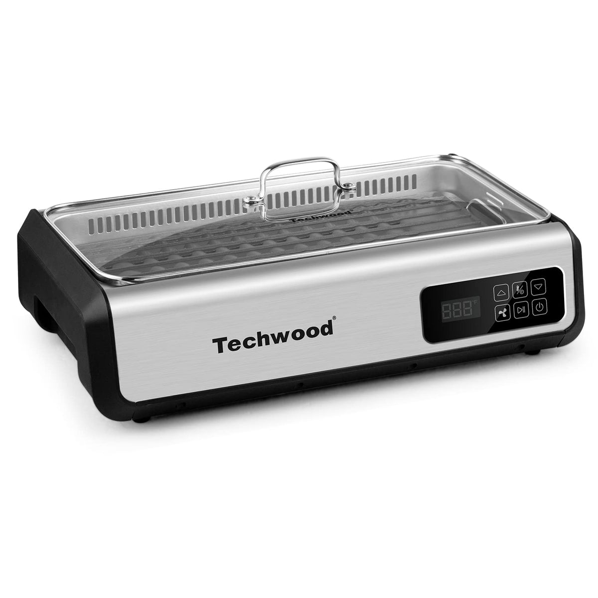 Indoor Smokeless Grill Techwood 1500W Electric Grill With Tempered Glass Lid & Led Smart Control Panel, 8-Level Control Korean B
