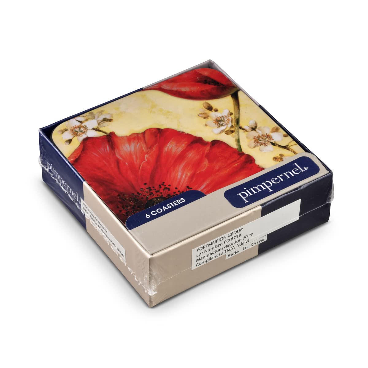 Pimpernel Poppy De Villeneuve Collection Coasters | Set Of 6 | Cork Backed Board | Heat And Stain Resistant | Drinks Coaster For