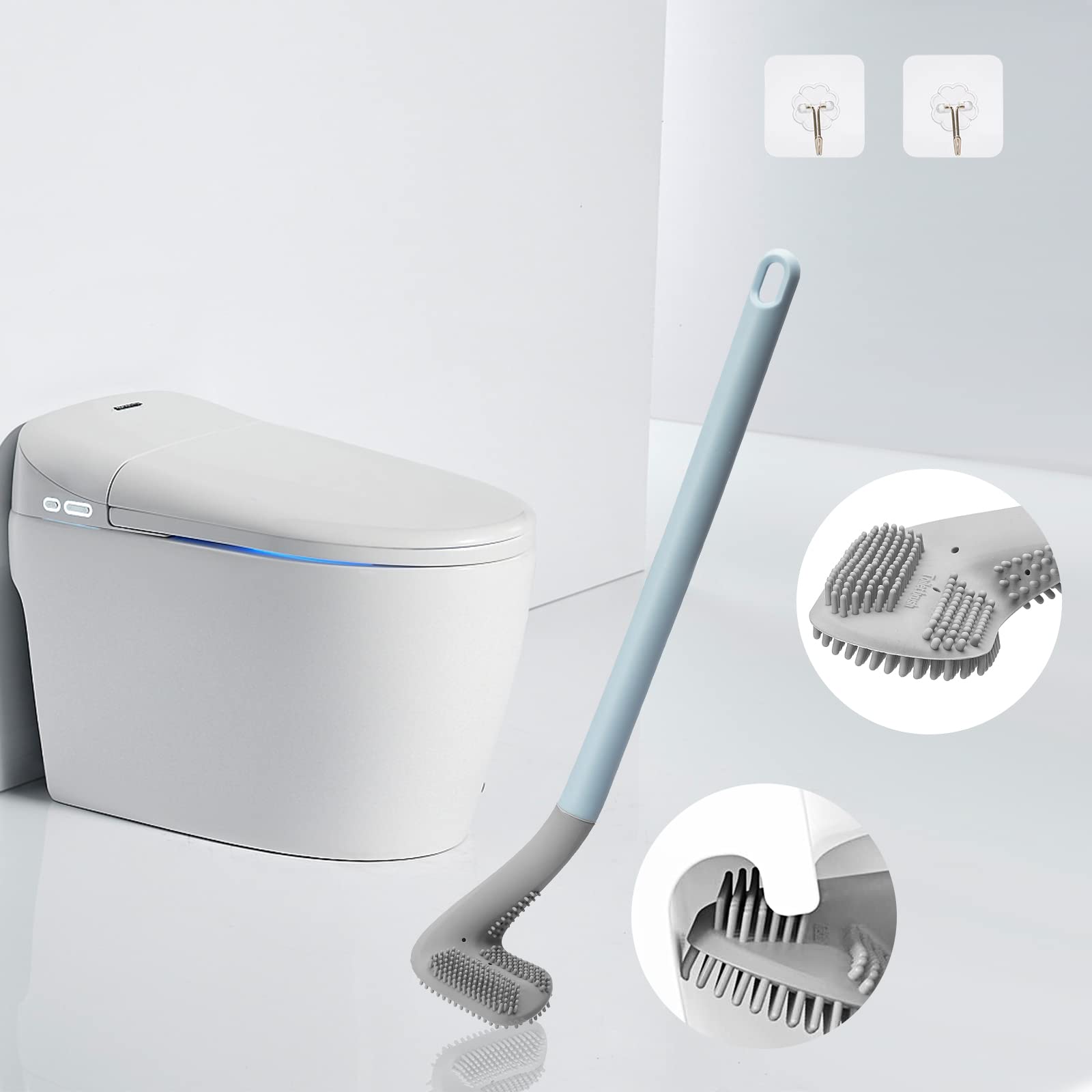 2Pcs Toilet Brush, Slim Compact Bathroom Toilet Scrubber No Dead Corners Silicone Toilet Brush, Curved Design Angled Toilet Clea