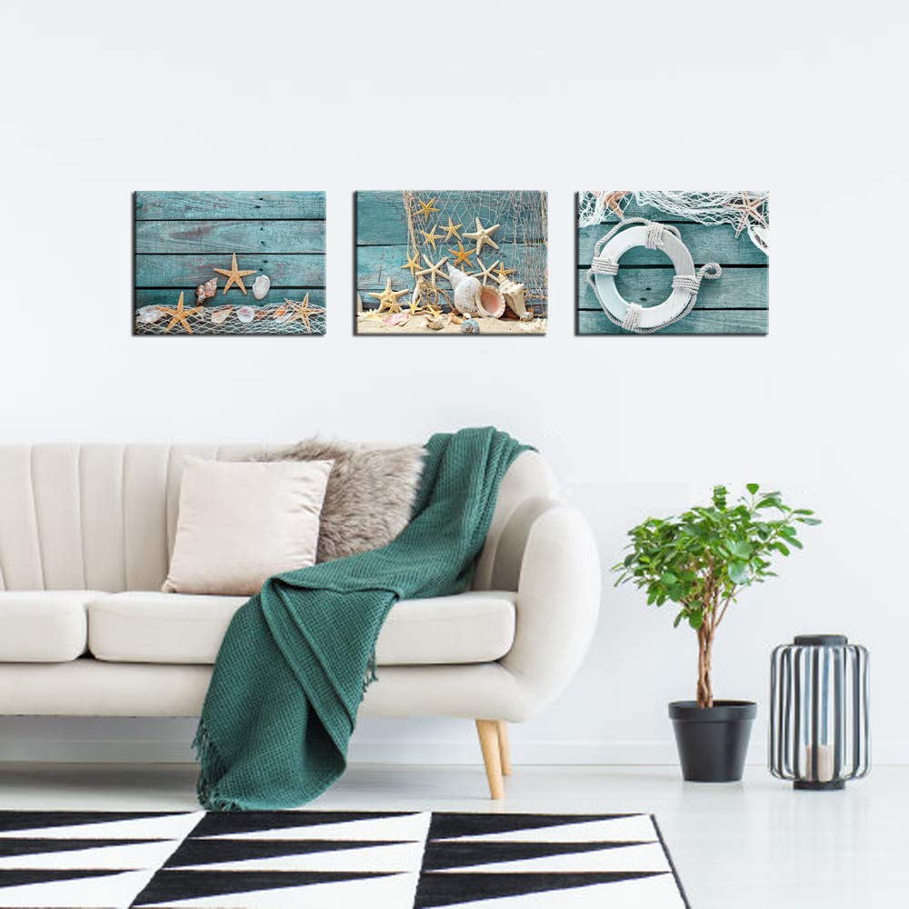 Biuteawal- 3 Piece Canvas Wall Art Starfish Shell On Teal Board Painting Prints Beach Nature Picture Canvas Artwork For Home Kit