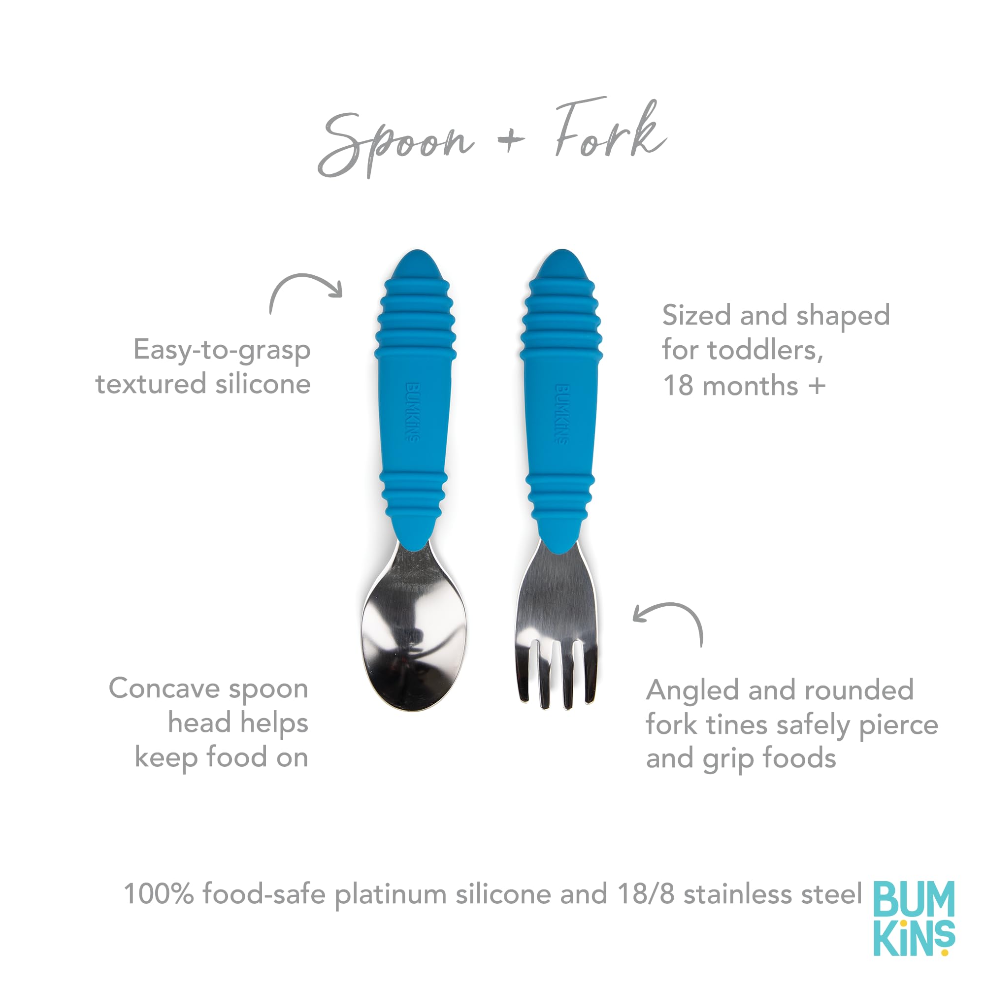 Bumkins Toddler Utensils, Kids Size Fork and Spoon Set, Silicone and Stainless-Steel Training Silverware, Angled Forks / Sporks