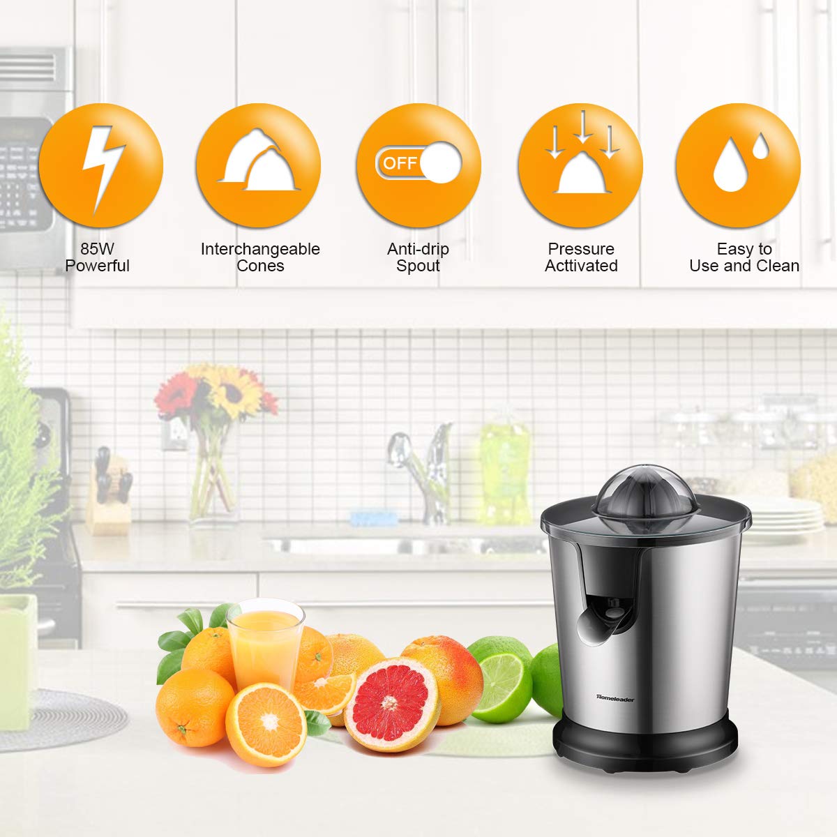 Homeleader Electric Citrus Juicer, Lemon Squeezer With Stainless Steel, Orange Squeezer With Two Cones, Powerful Motor For Grape