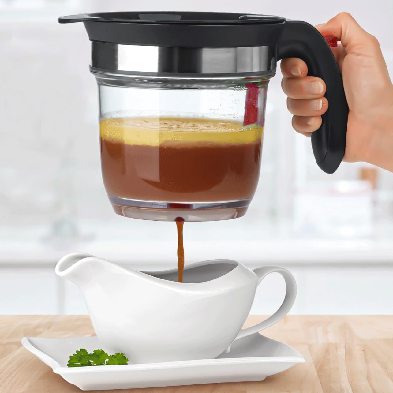 IVYHOME Fat Separator for cooking, 4 Cups Plastic Fat Strainers with Bottom Release, Gravy Grease Separator, Soup Oil Separator 