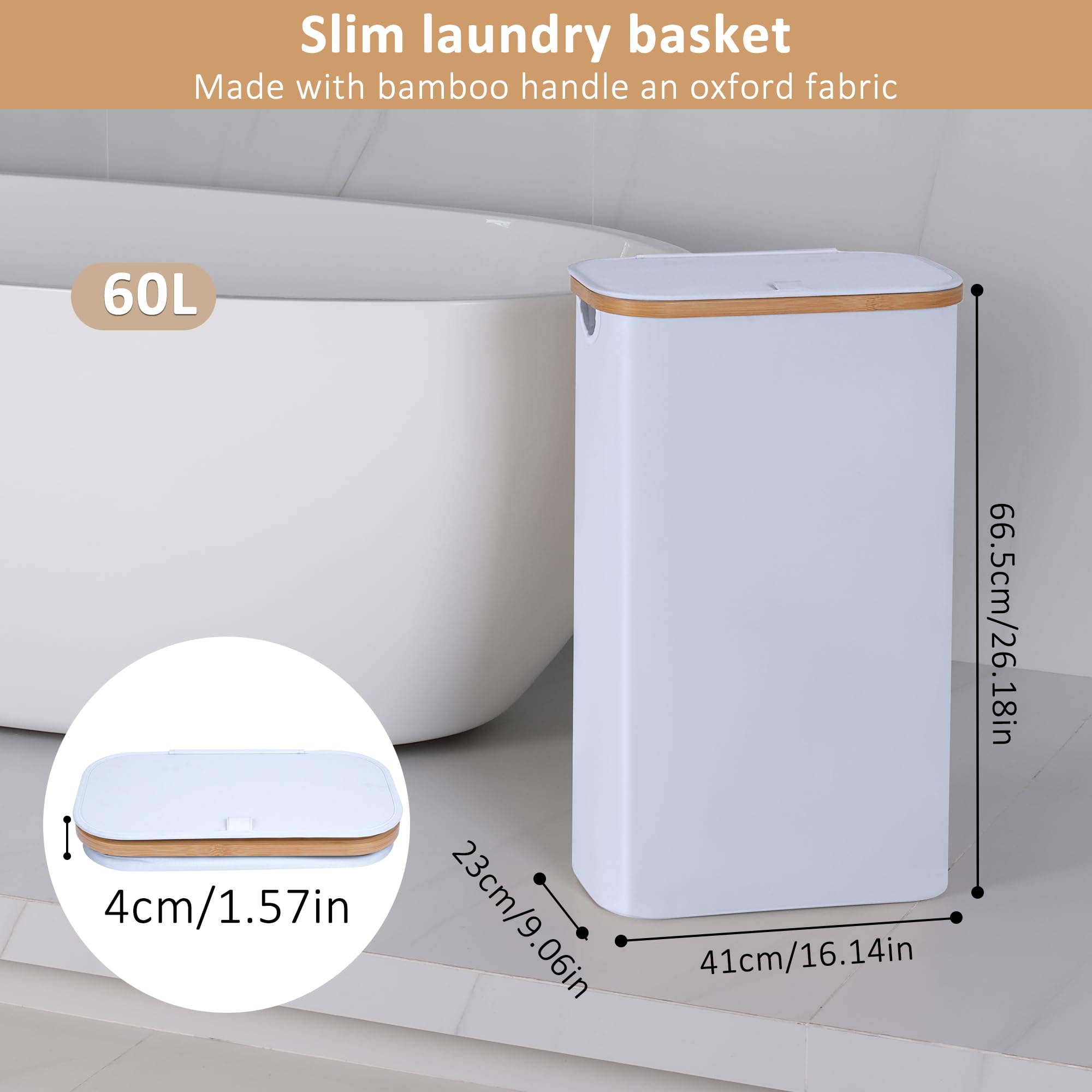 Iegrow 60L Slim Laundry Hamper, Narrow Laundry Basket With Lid,Foldable Clothes Hamper With Bamboo Handles,Hamper Basket With Re