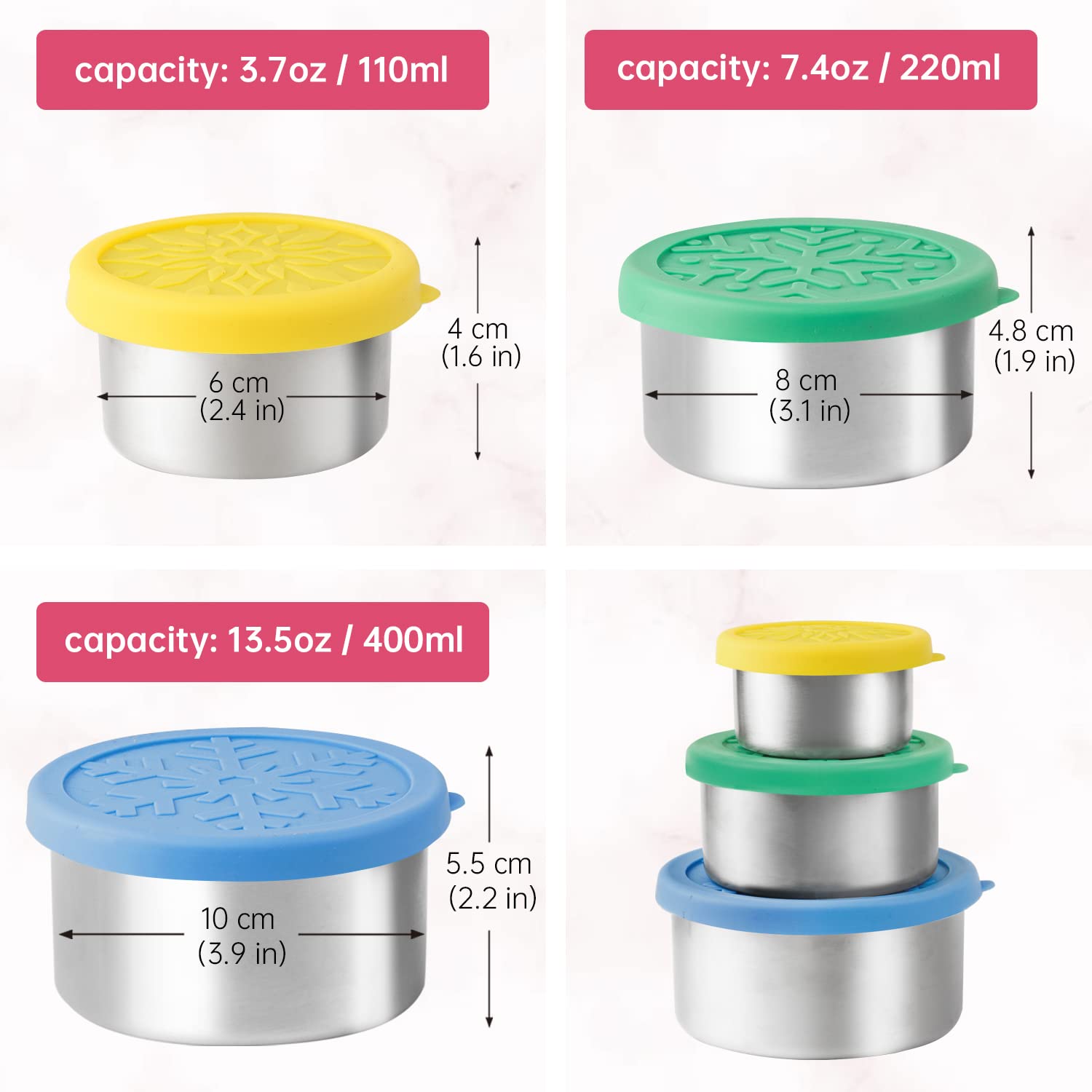 Lalastar Stainless Steel Food Containers With Lids, Set Of 3 Reusable Snack Containers (110 Ml, 220Ml, 400Ml), Leakproof Silicon