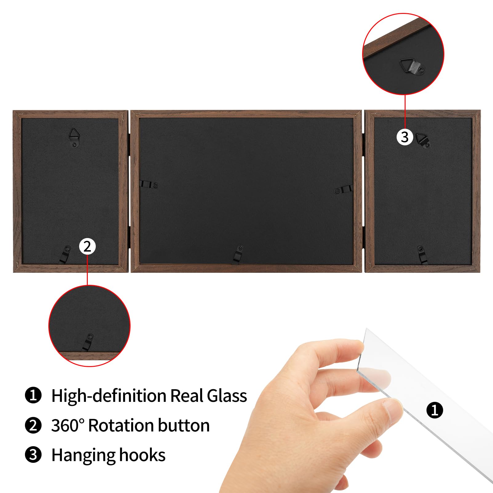 DECOCIAGA Hinged 3 Picture Frame 4x6 & 5x7 Folding Collage Photo Frames Multiple Wooden Desk Picture Frames with Mat for Office