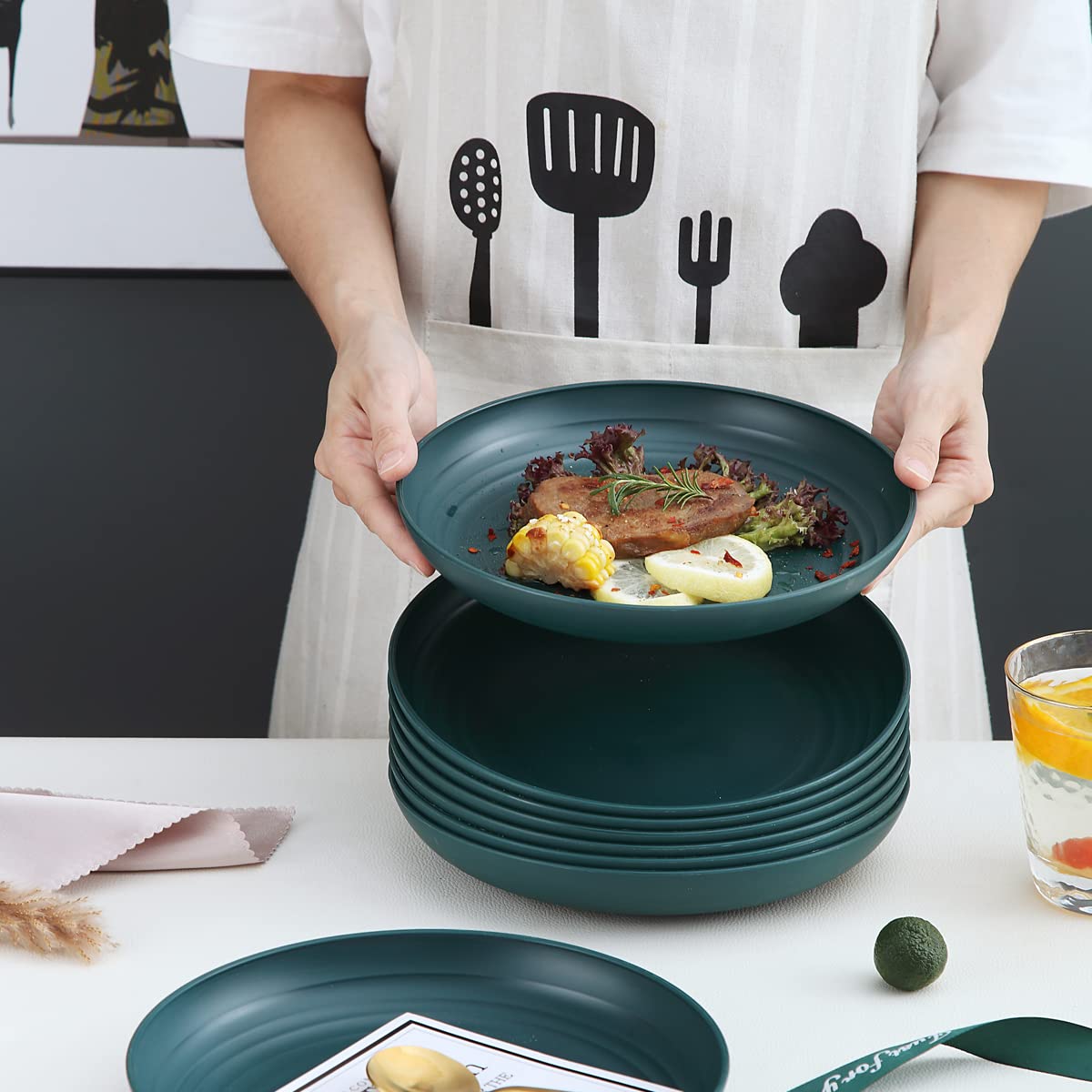 Kyraton 9 Inch Large Deep Plastic Plates 8 Pieces, Unbreakable And Reusable Light Weight Dinner Plates Pasta And Dumpling Bowl M